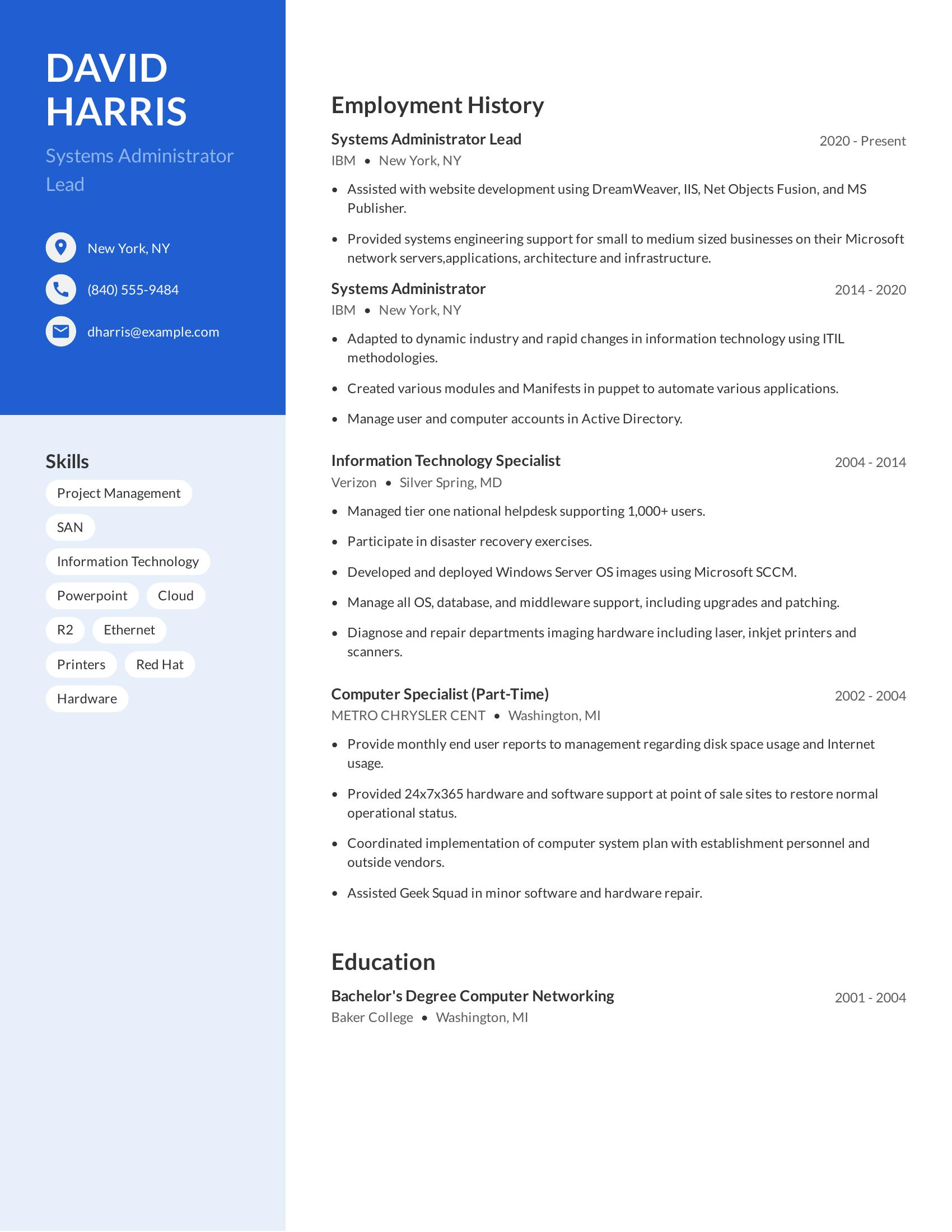 Systems Administrator Lead resume example