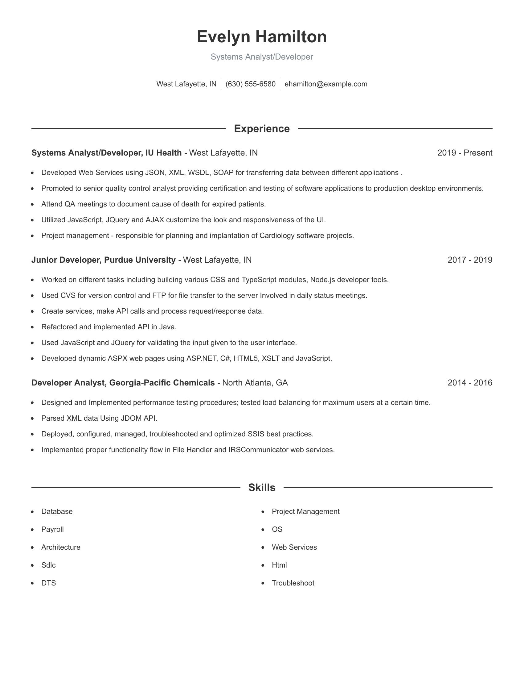 Systems Analyst/Developer resume example