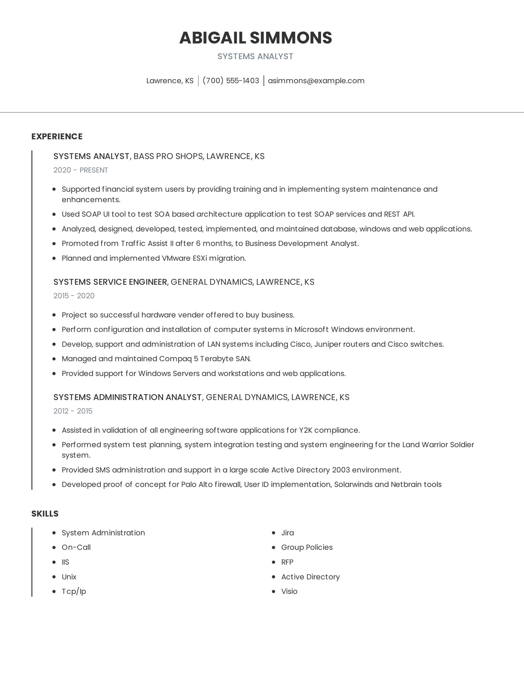 Systems Analyst resume example