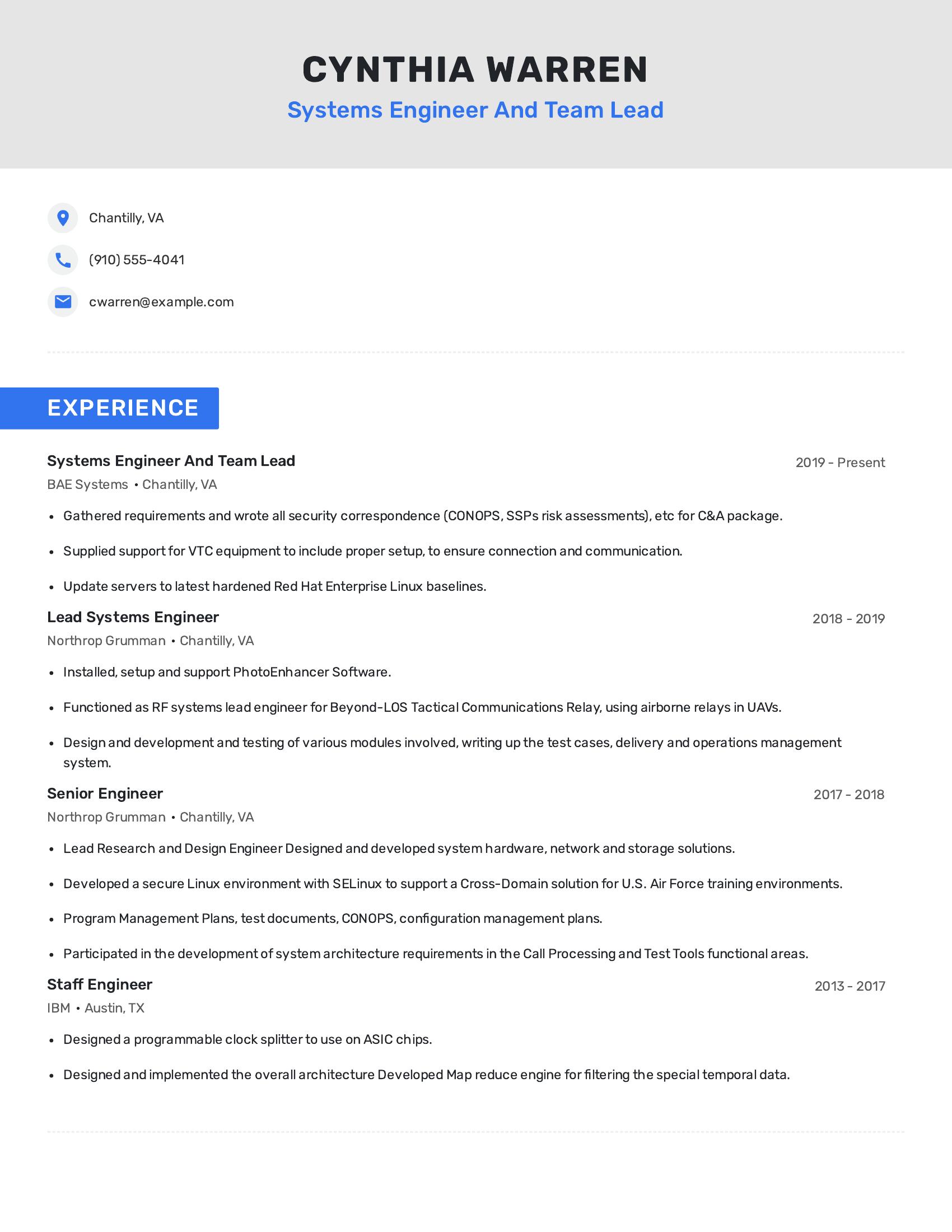 Systems Engineer And Team Lead resume example