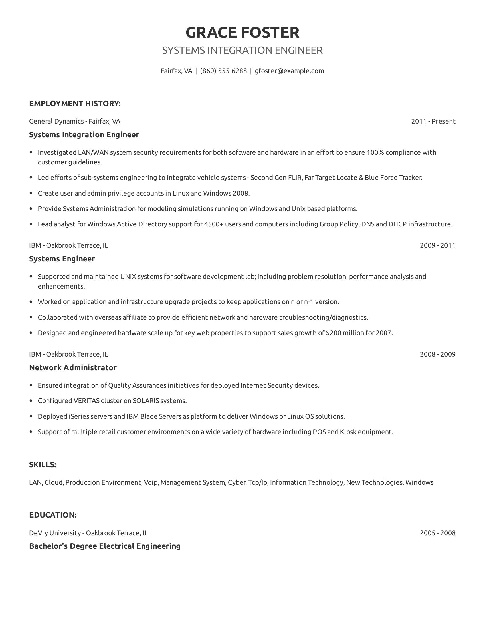 Systems Integration Engineer resume example