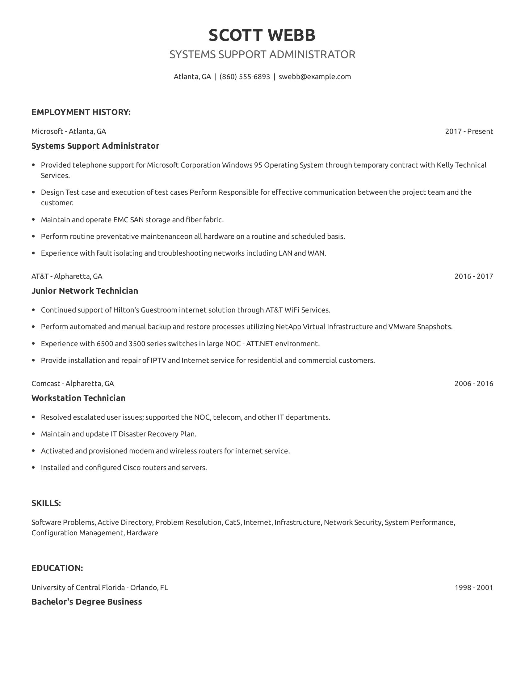 Systems Support Administrator resume example