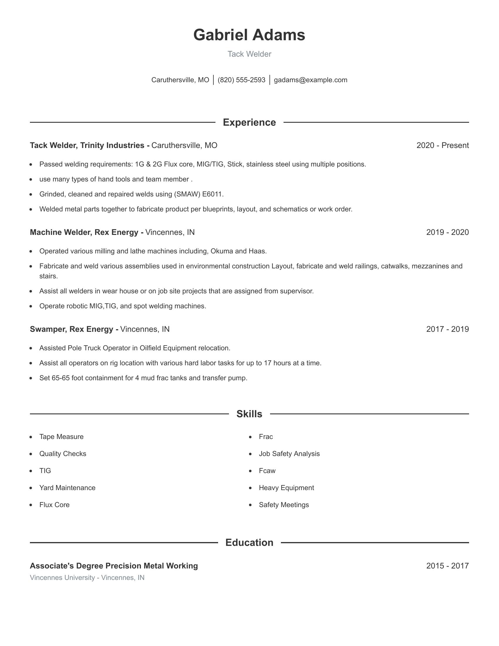 Tack Welder resume example