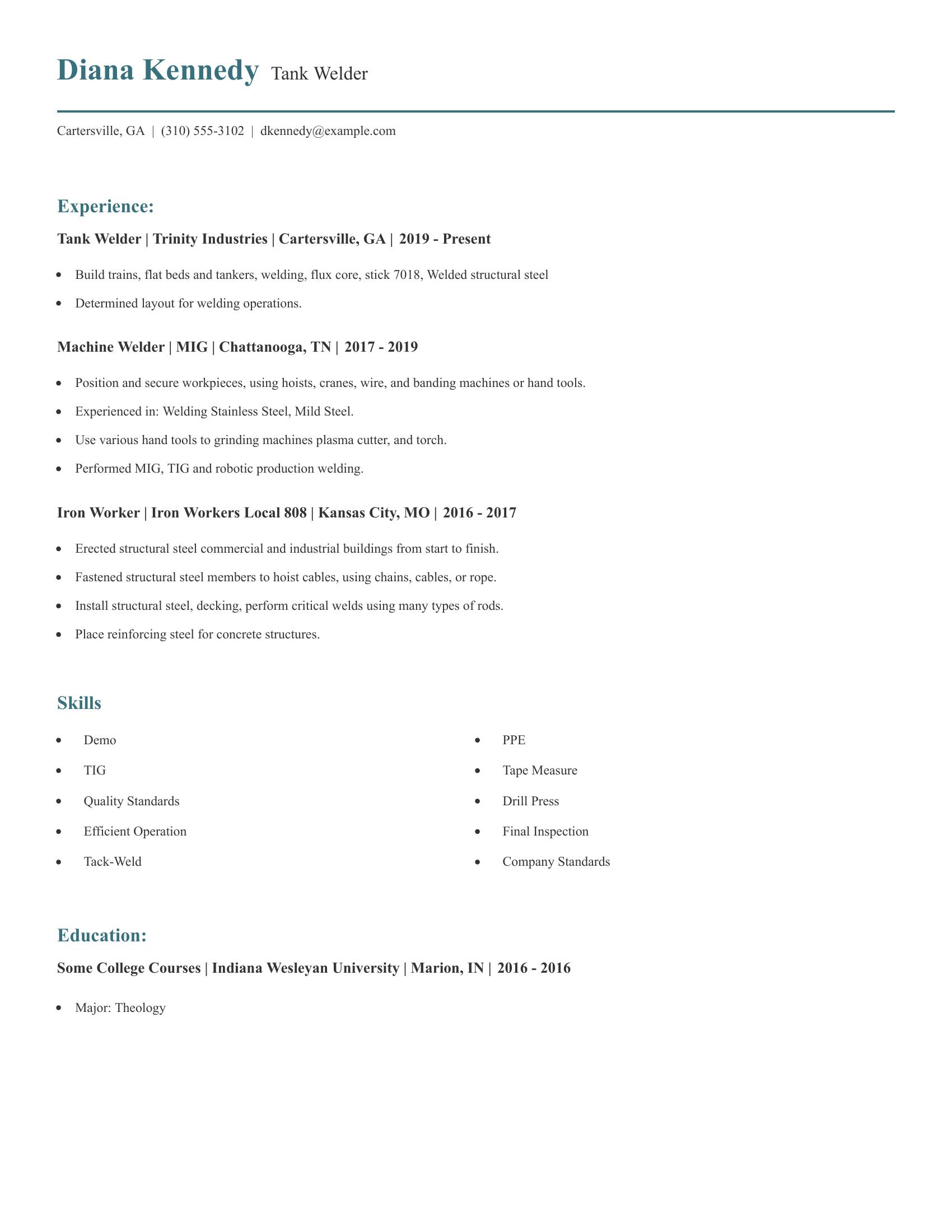 Tank Welder resume example