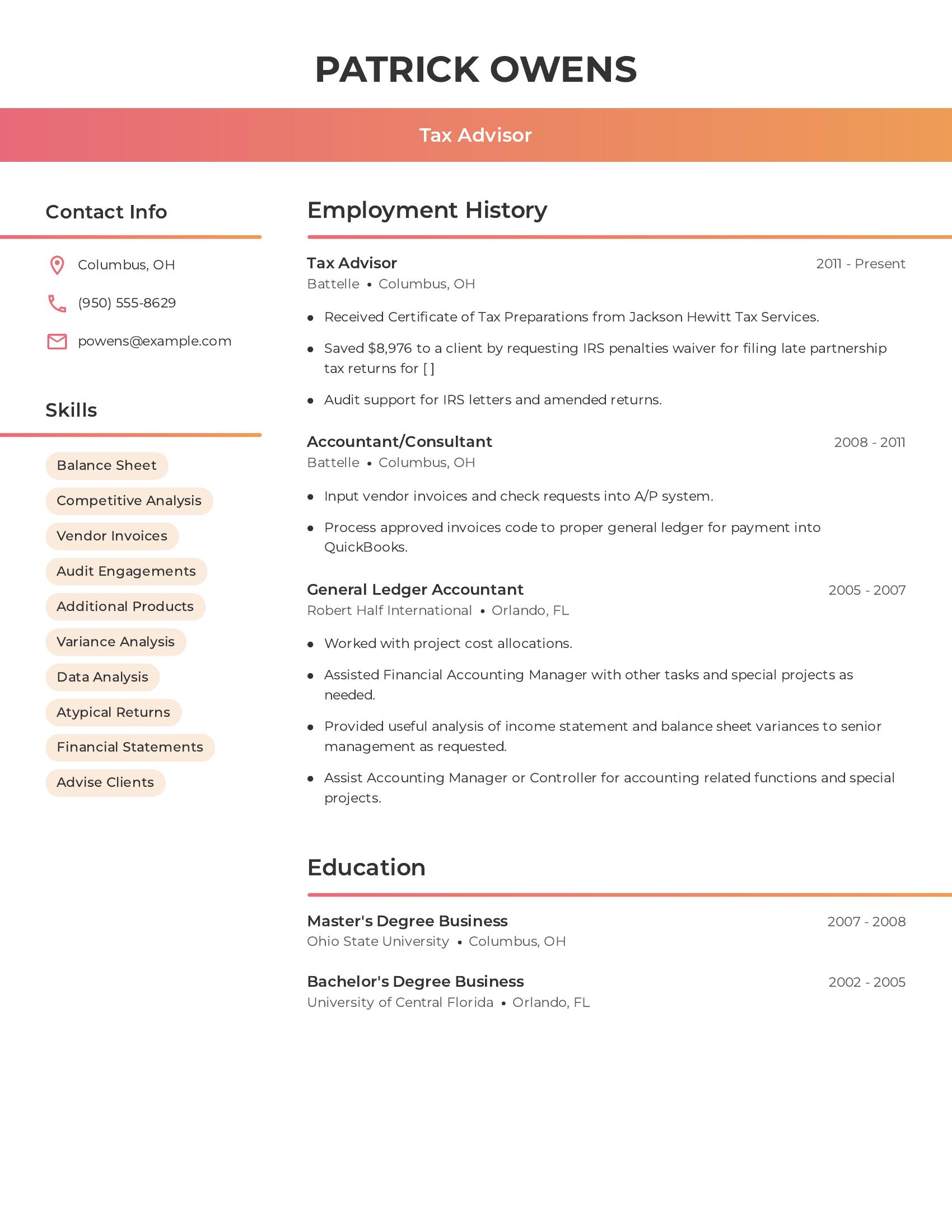 Tax Advisor resume example