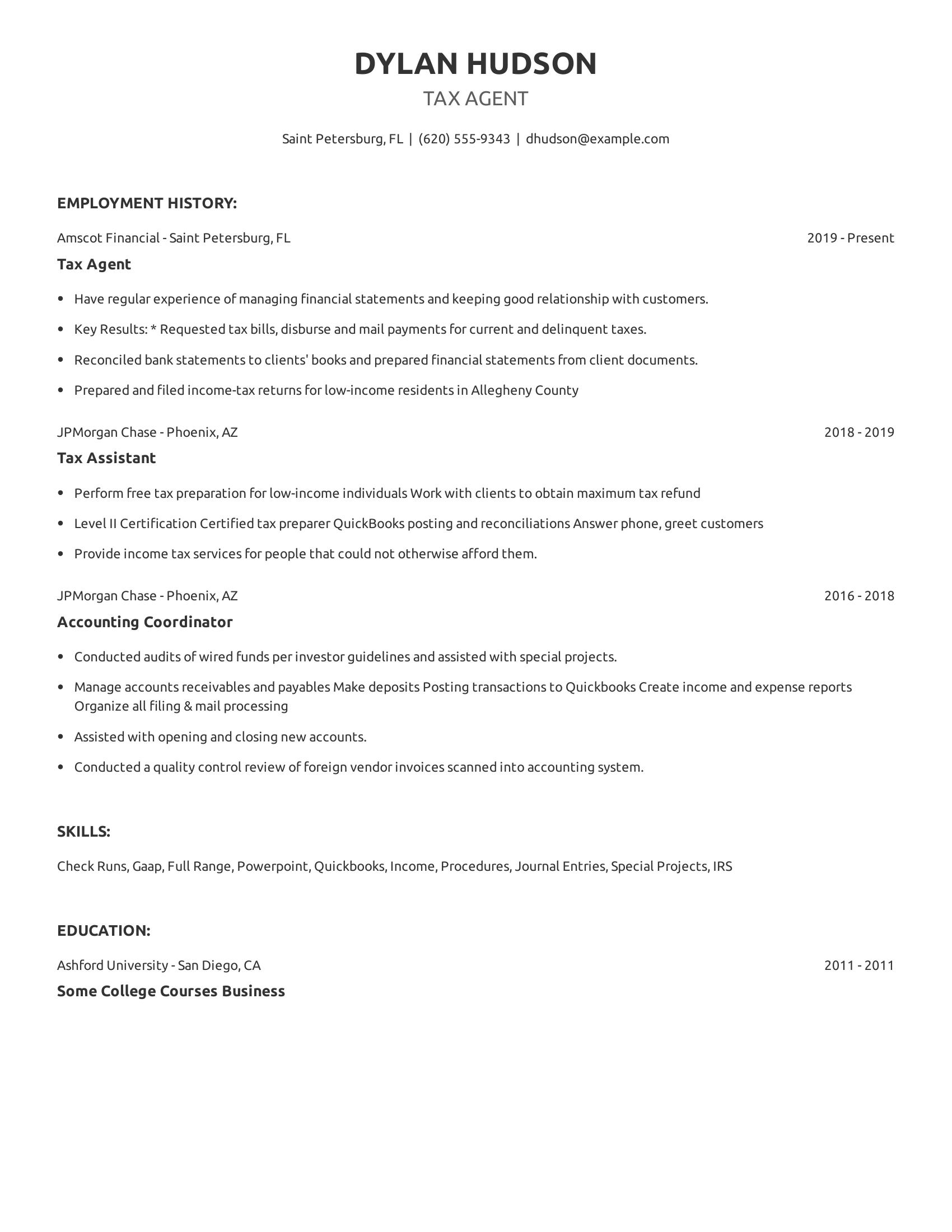 Tax Agent resume example