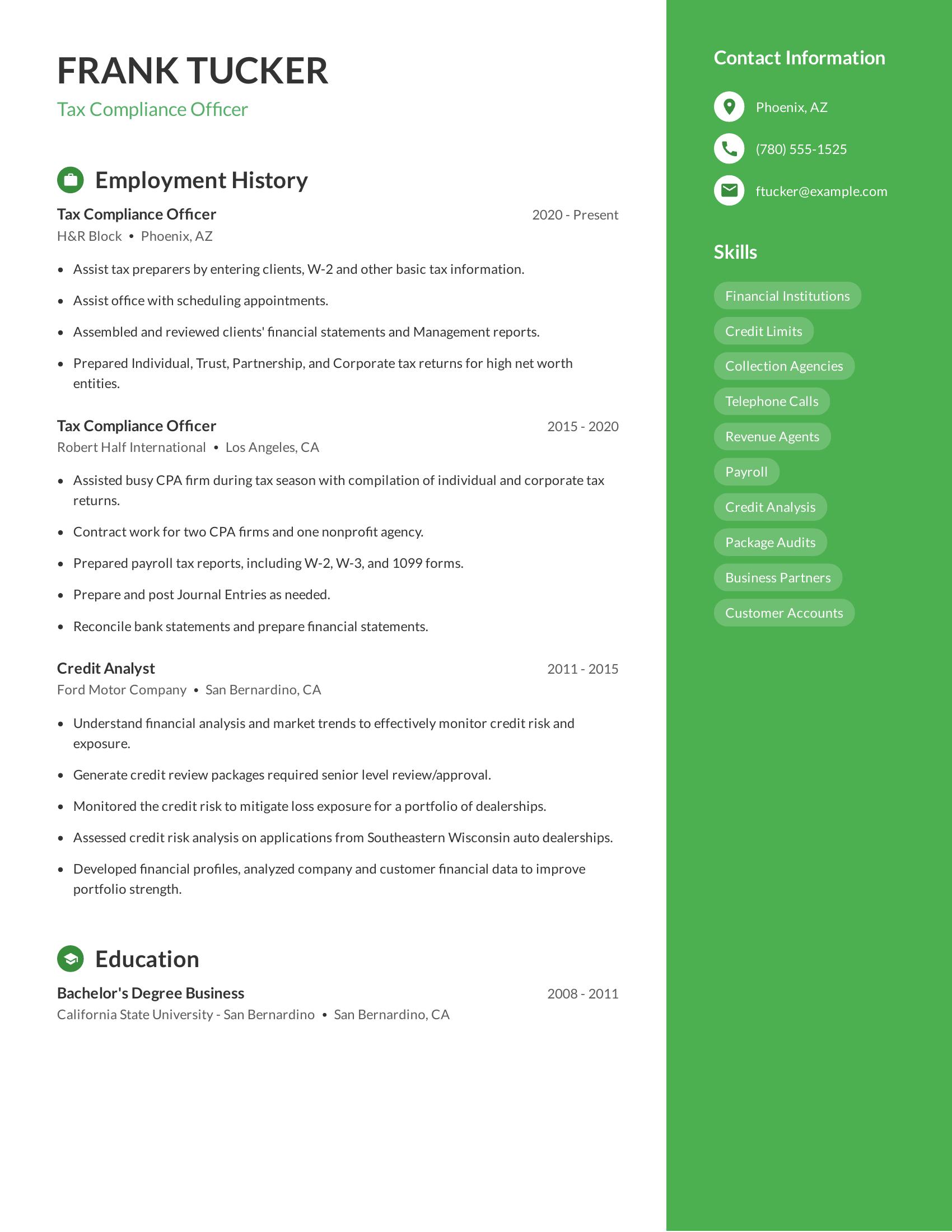 Tax Compliance Officer resume example