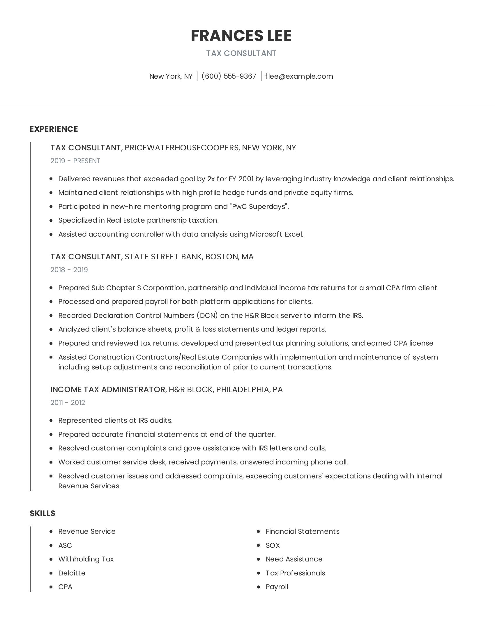 Tax Consultant resume example