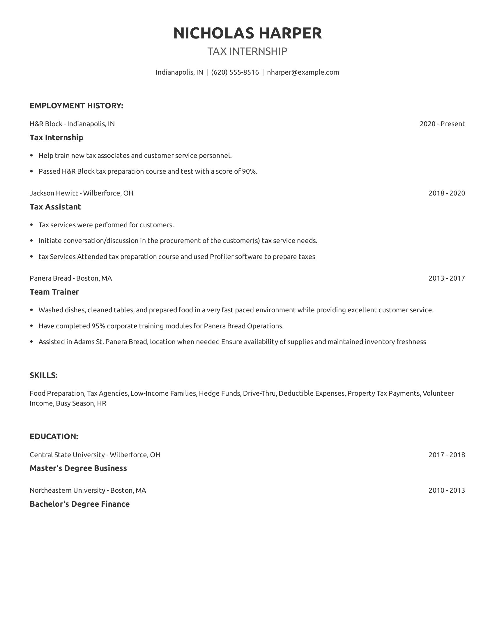 Tax Internship resume example