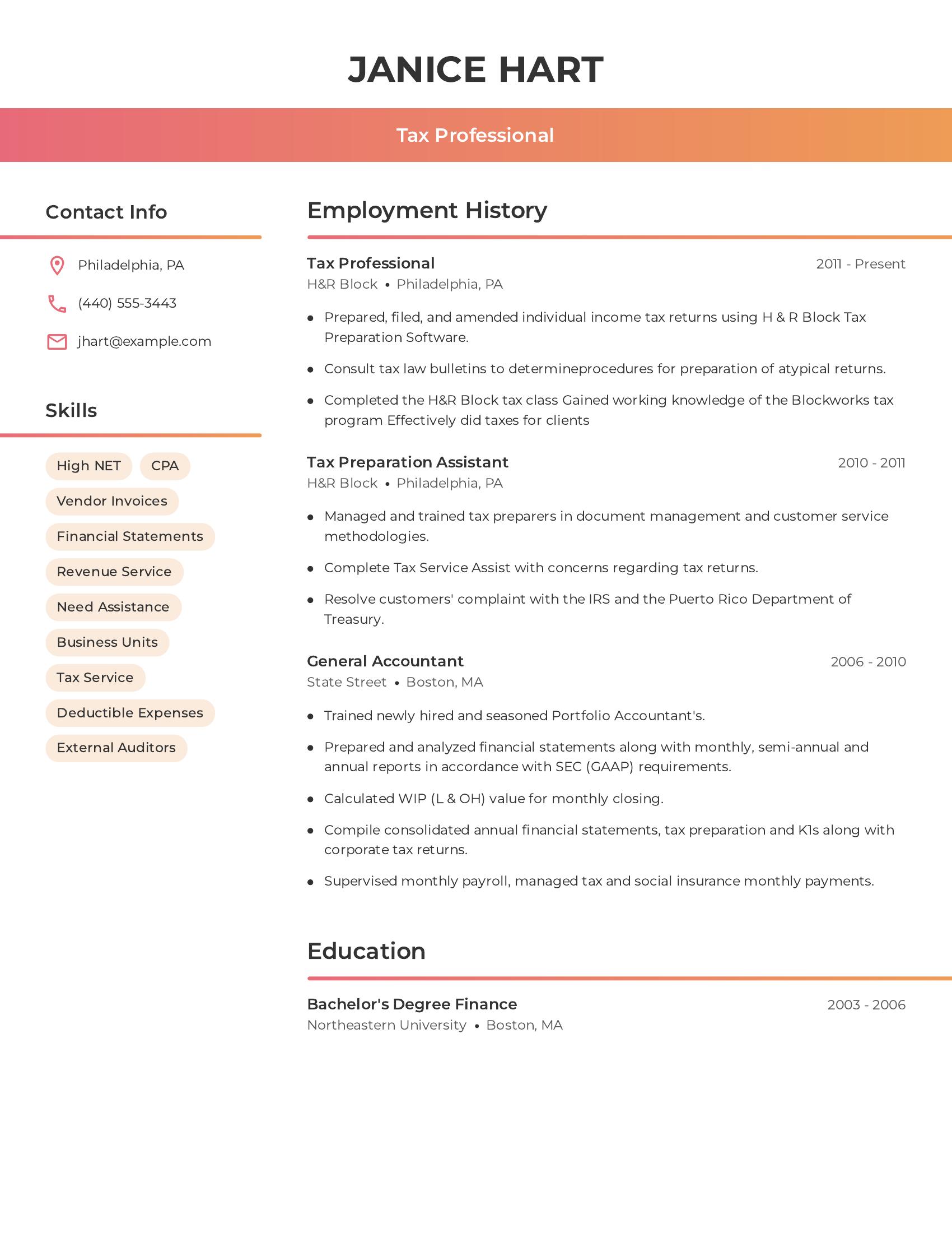 Tax Professional resume example