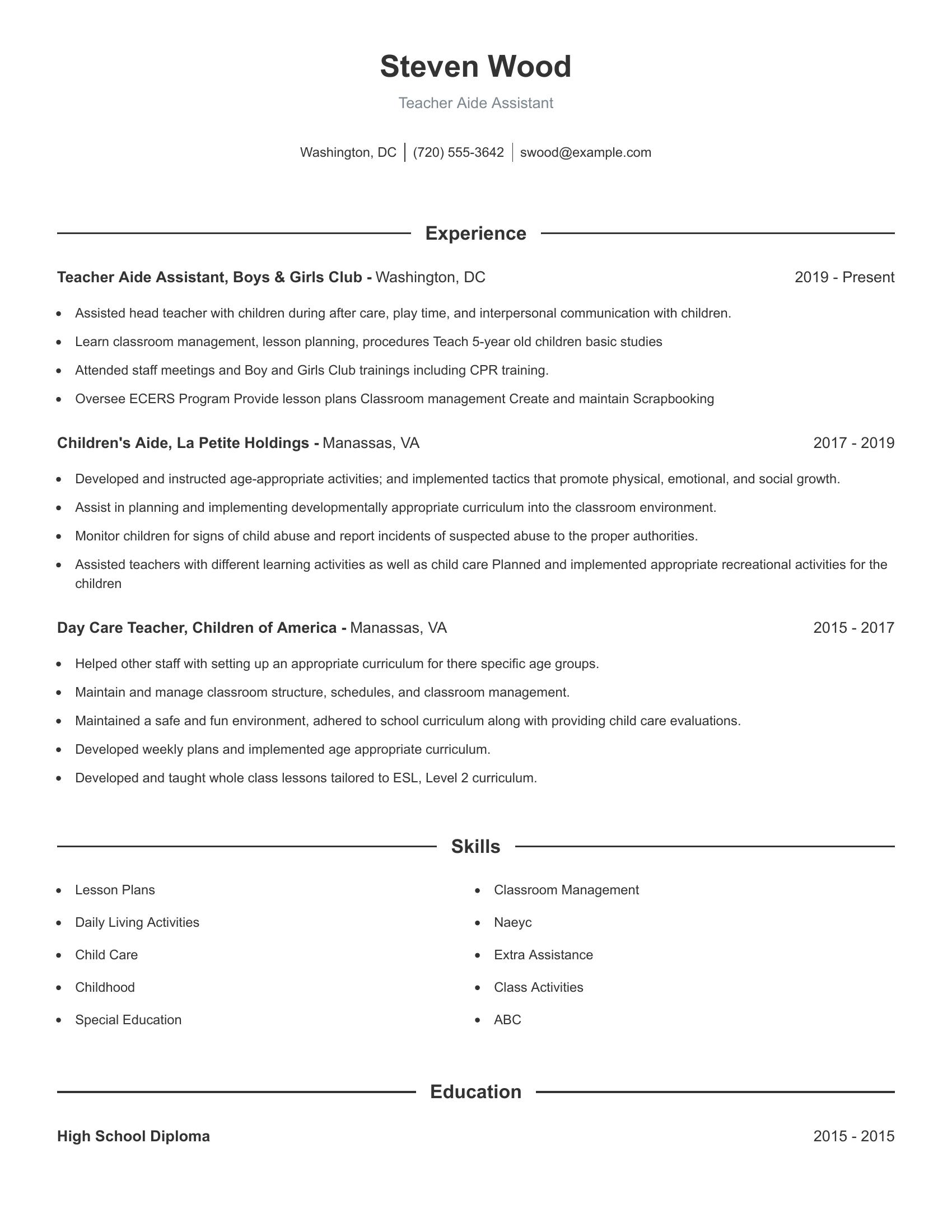 Teacher Aide Assistant resume example