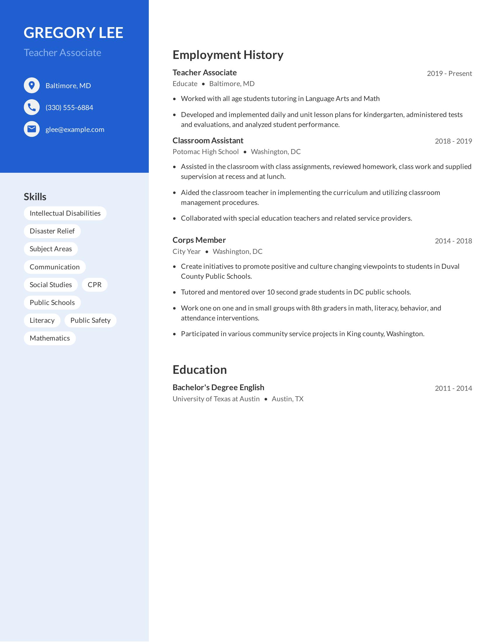 Teacher Associate resume example