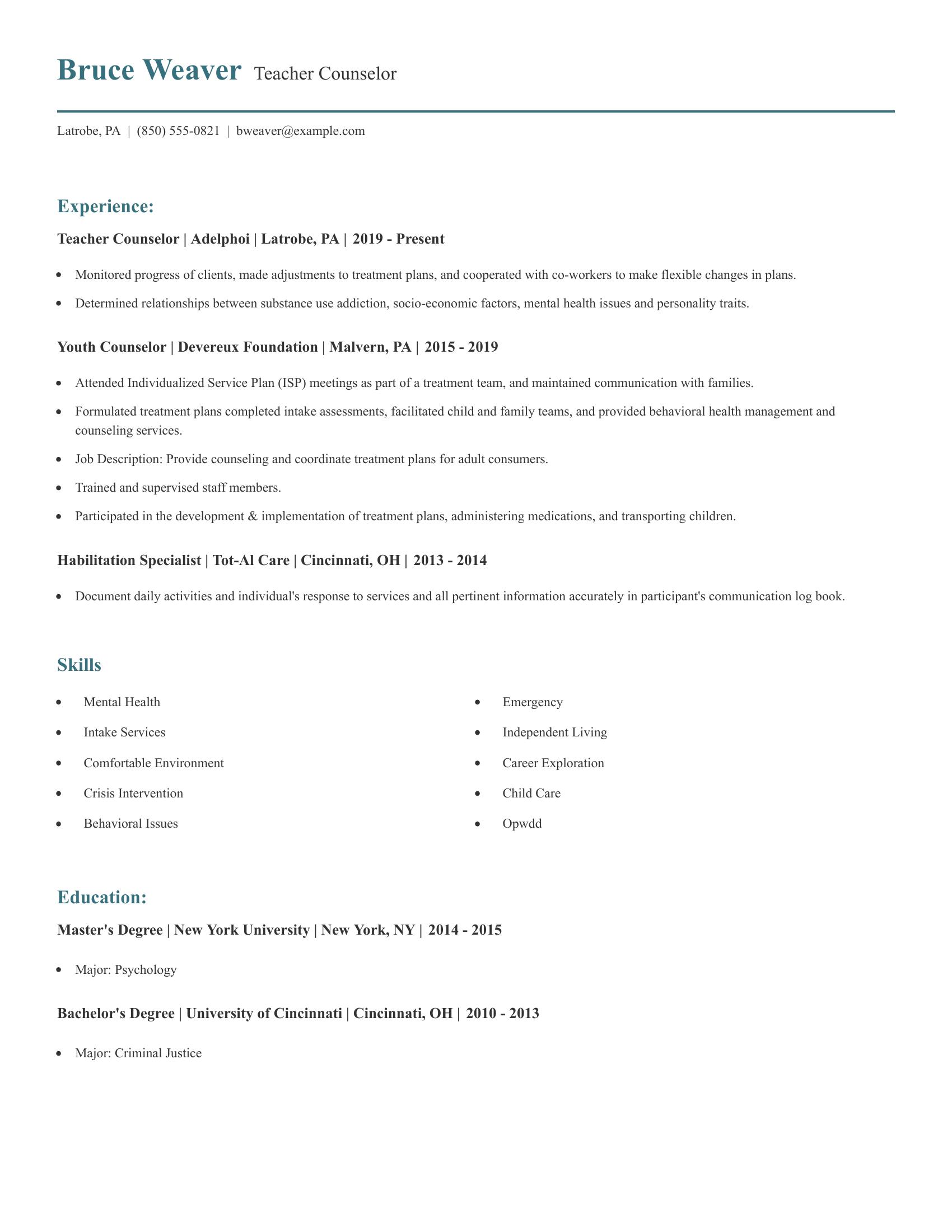 Teacher Counselor resume example