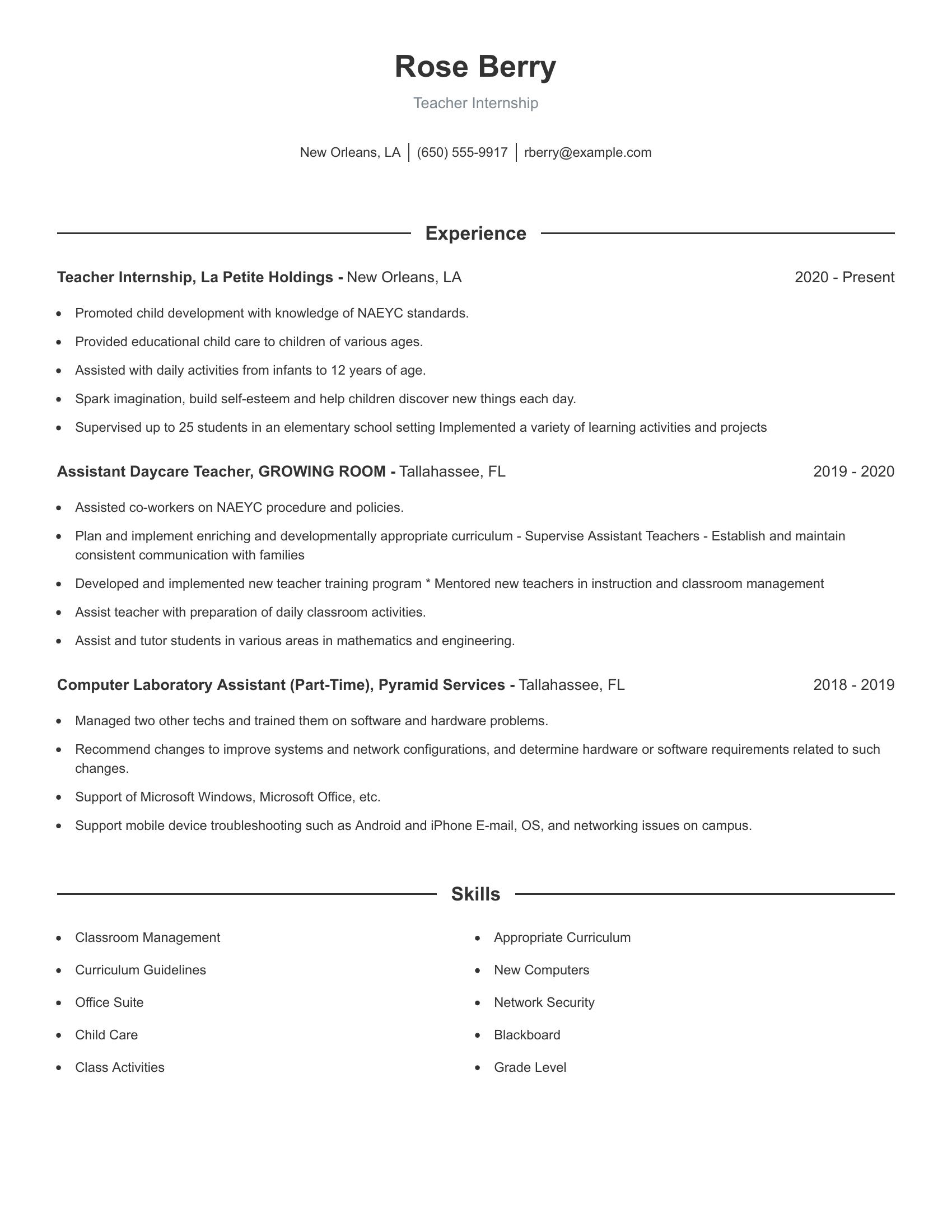 Teacher Internship resume example