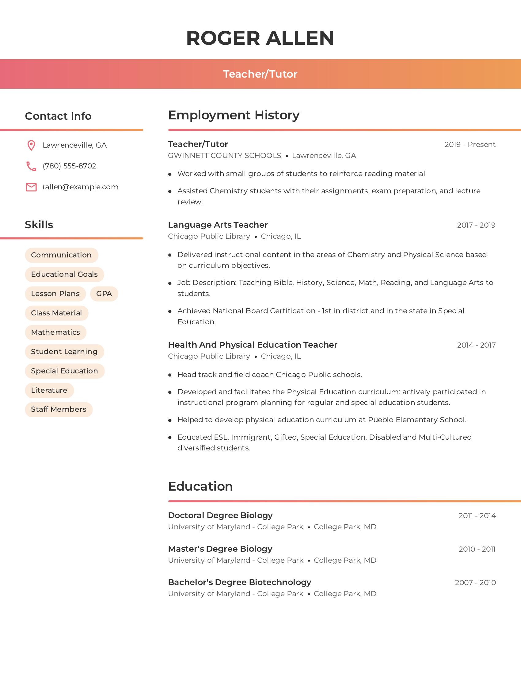 Teacher/Tutor resume example