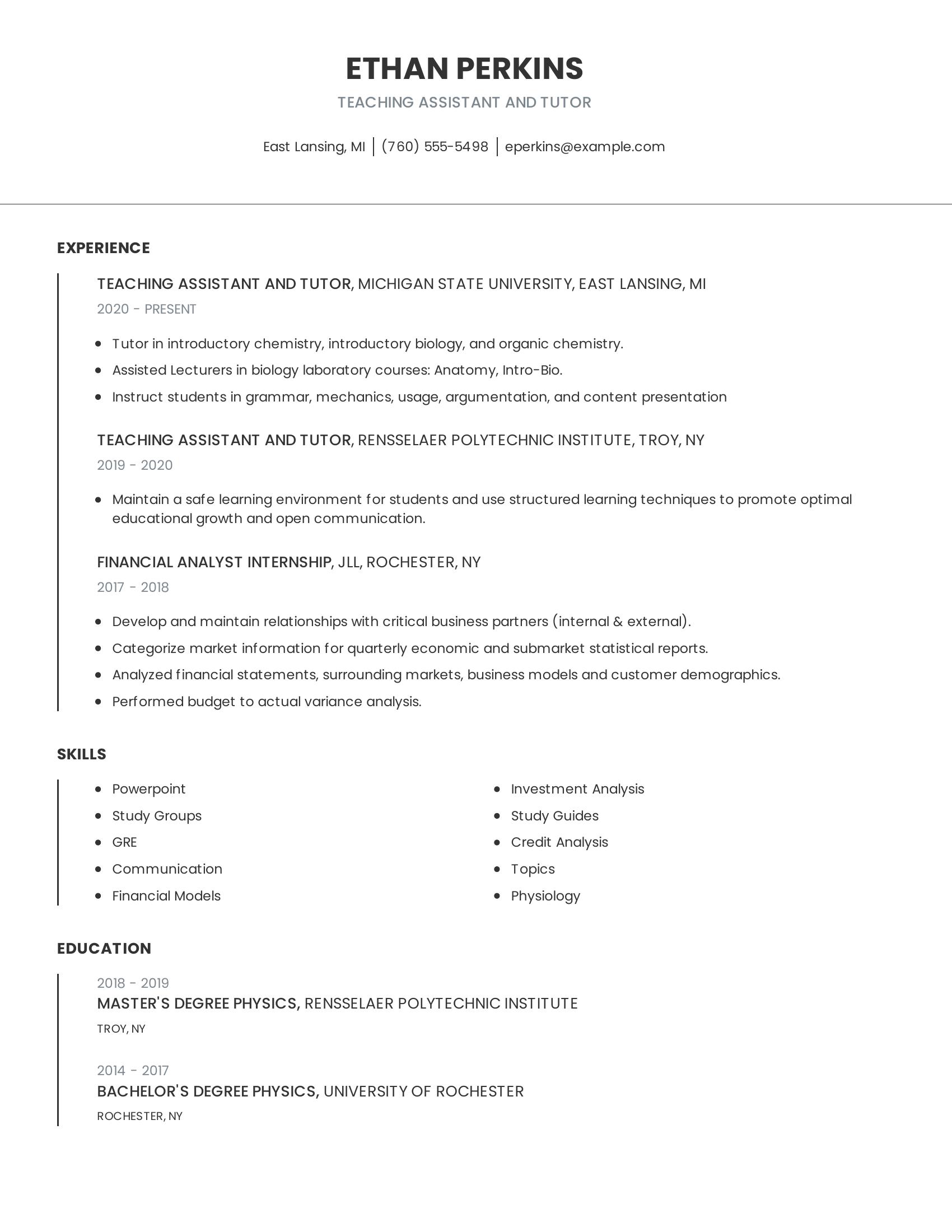 Teaching Assistant And Tutor resume example