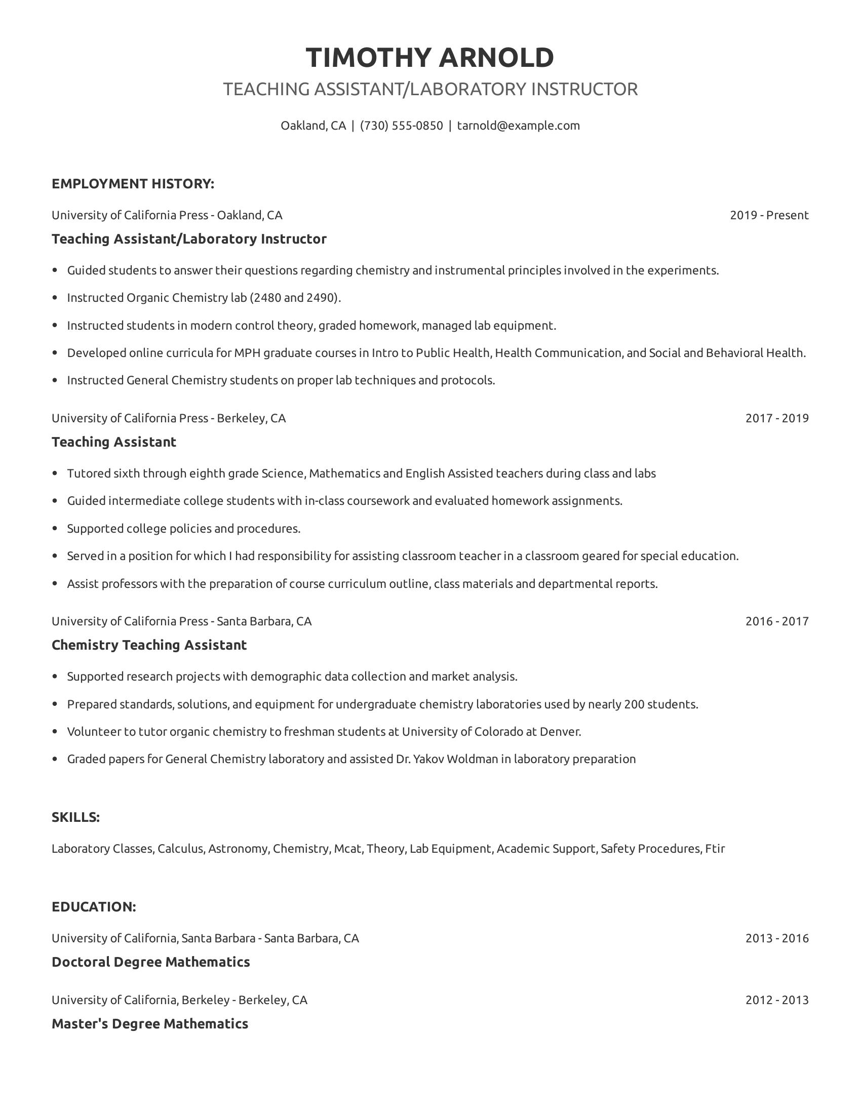 Teaching Assistant/Laboratory Instructor resume example