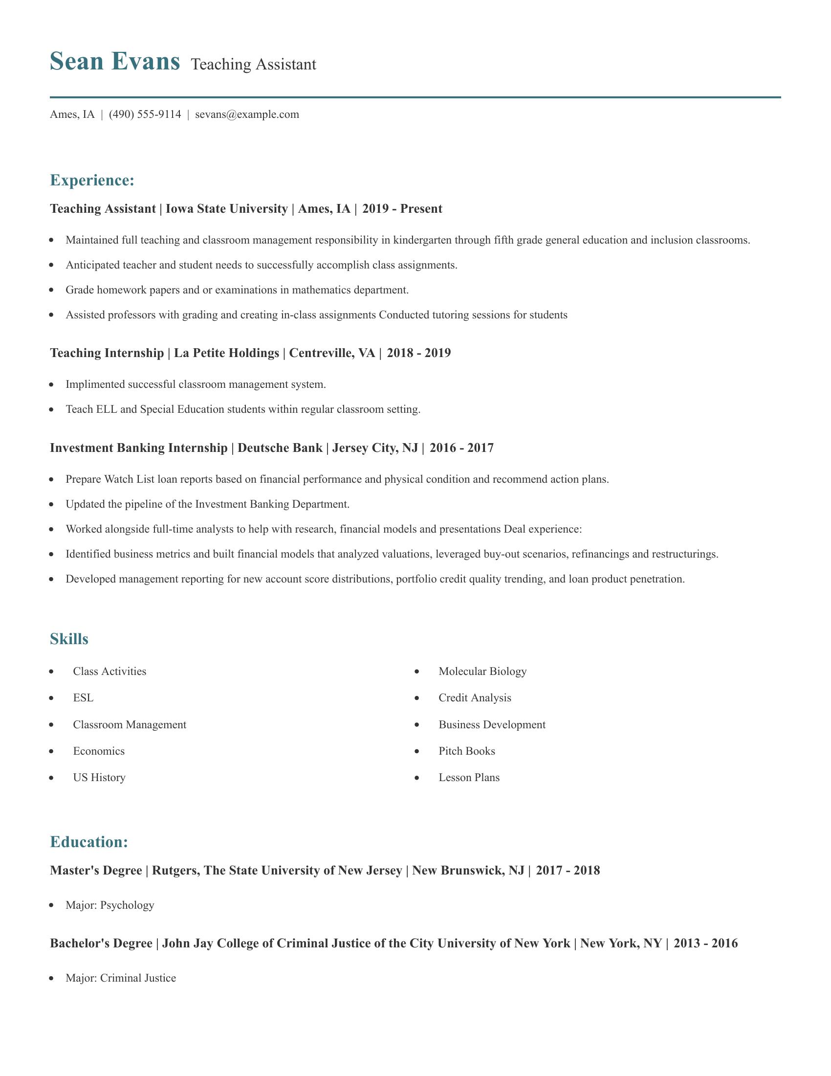 Teaching Assistant resume example