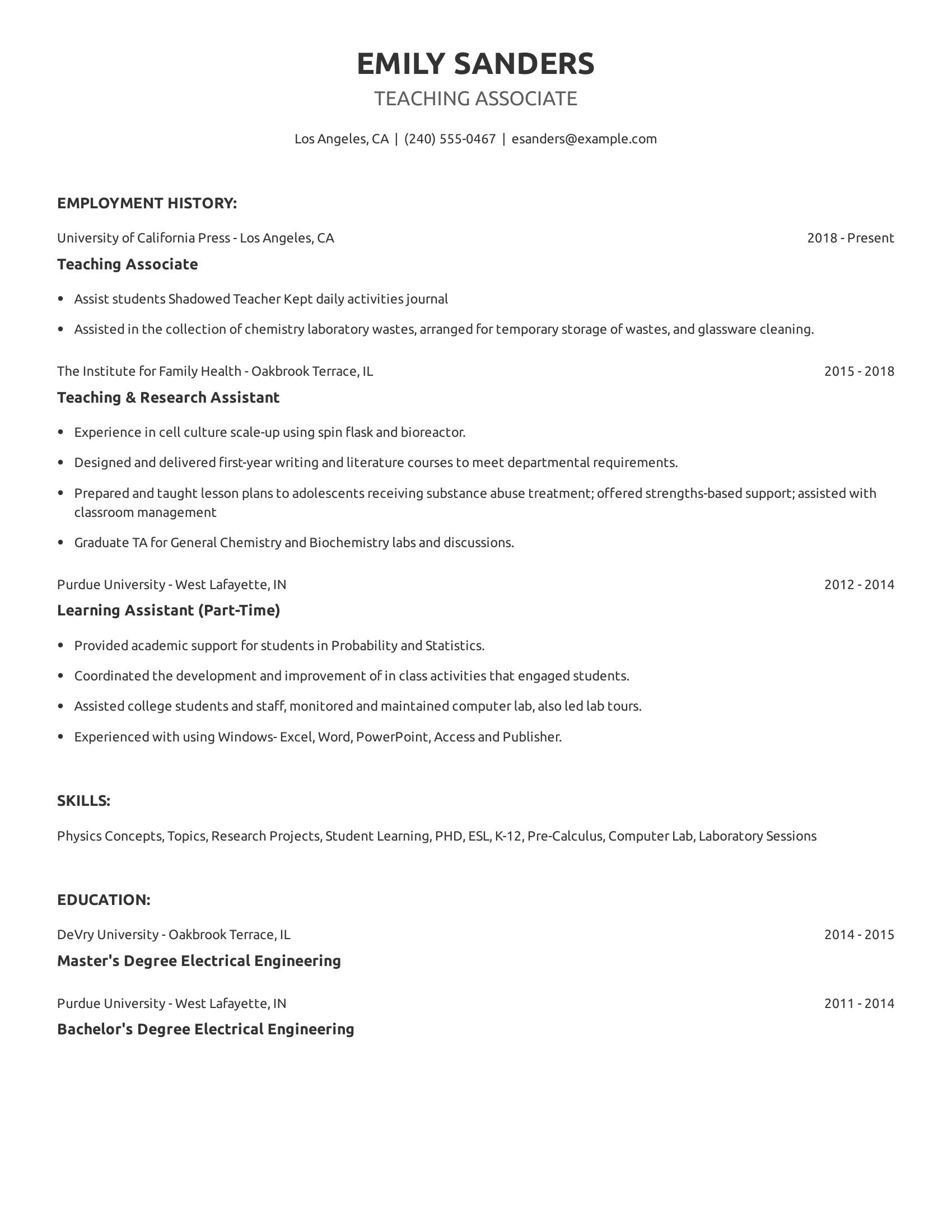 Teaching Associate resume example