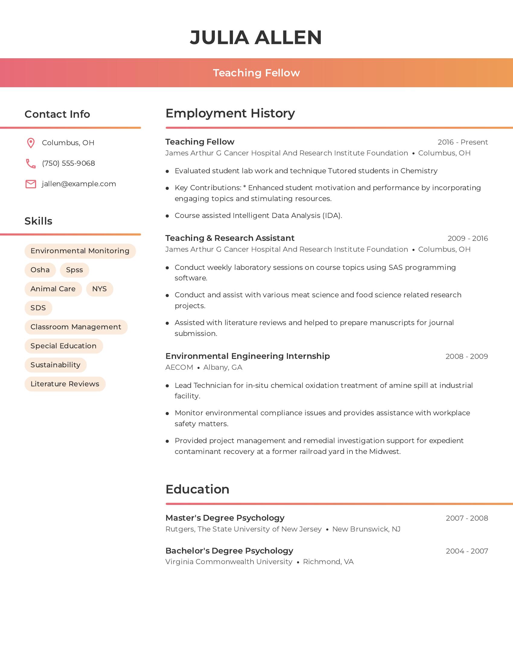 Teaching Fellow resume example