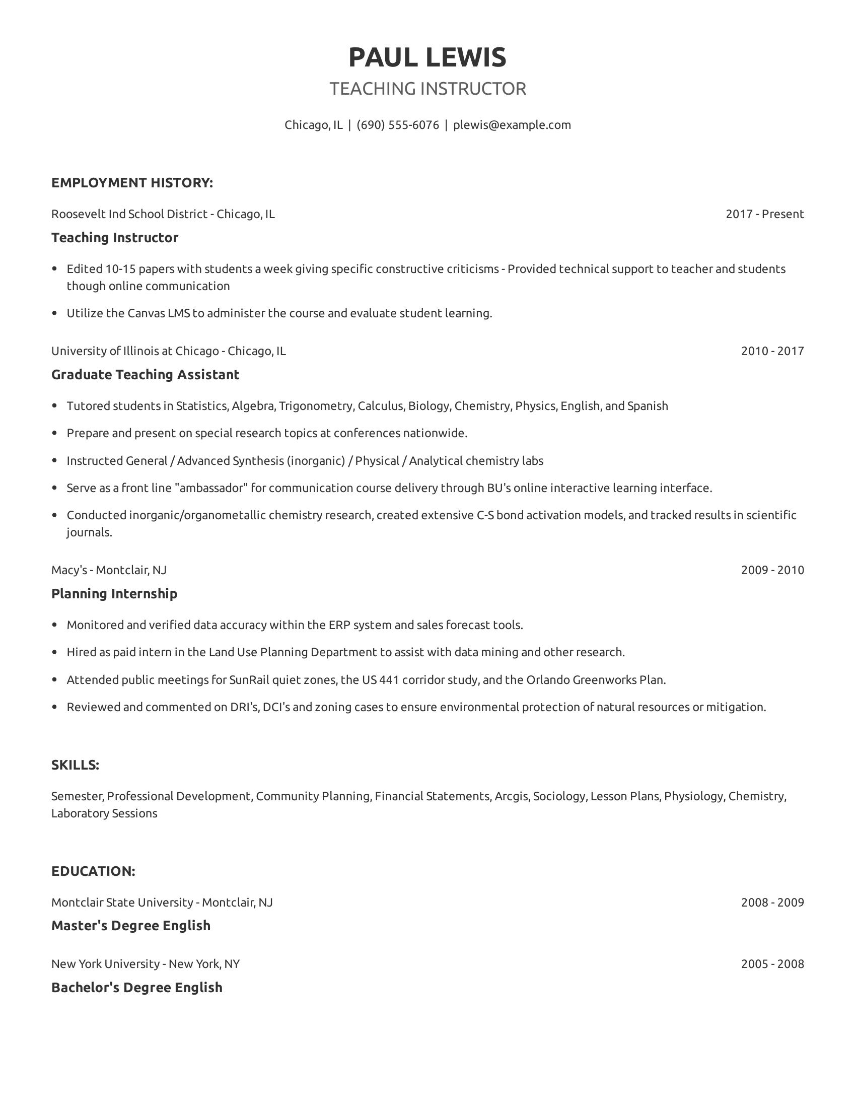 Teaching Instructor resume example