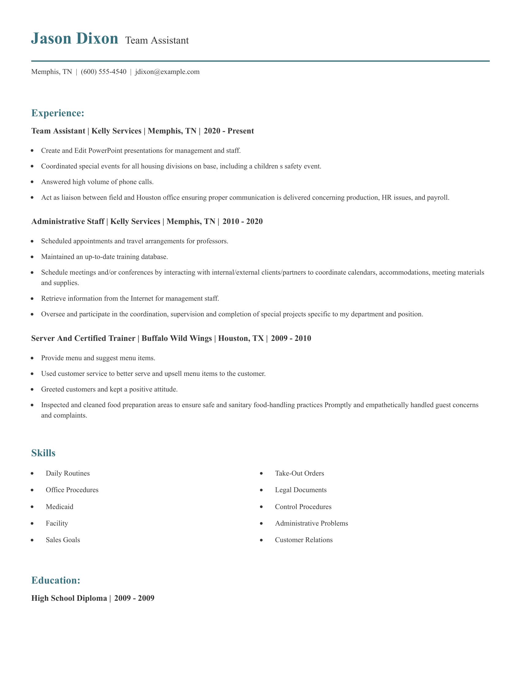 Team Assistant resume example