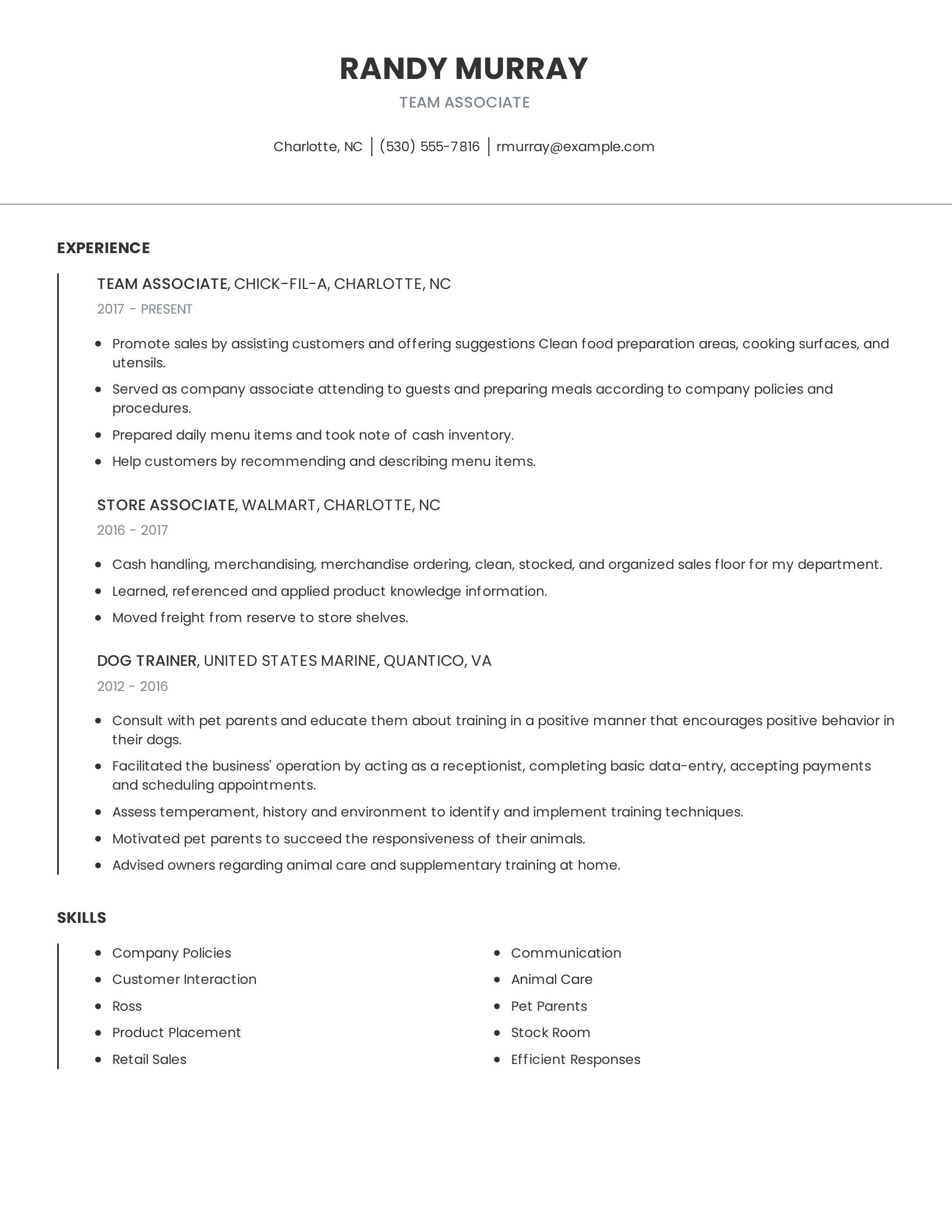 Team Associate resume example