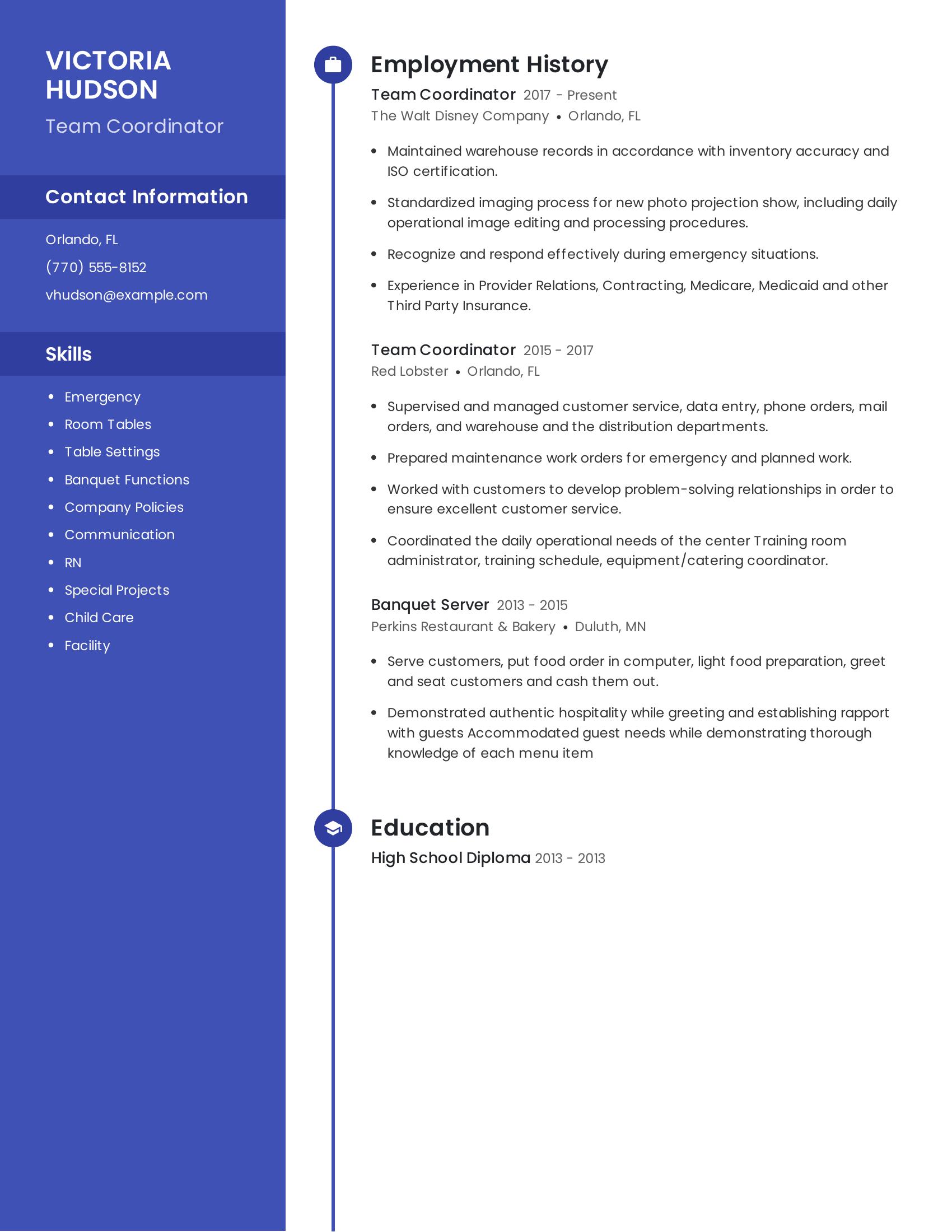 Team Coordinator resume example