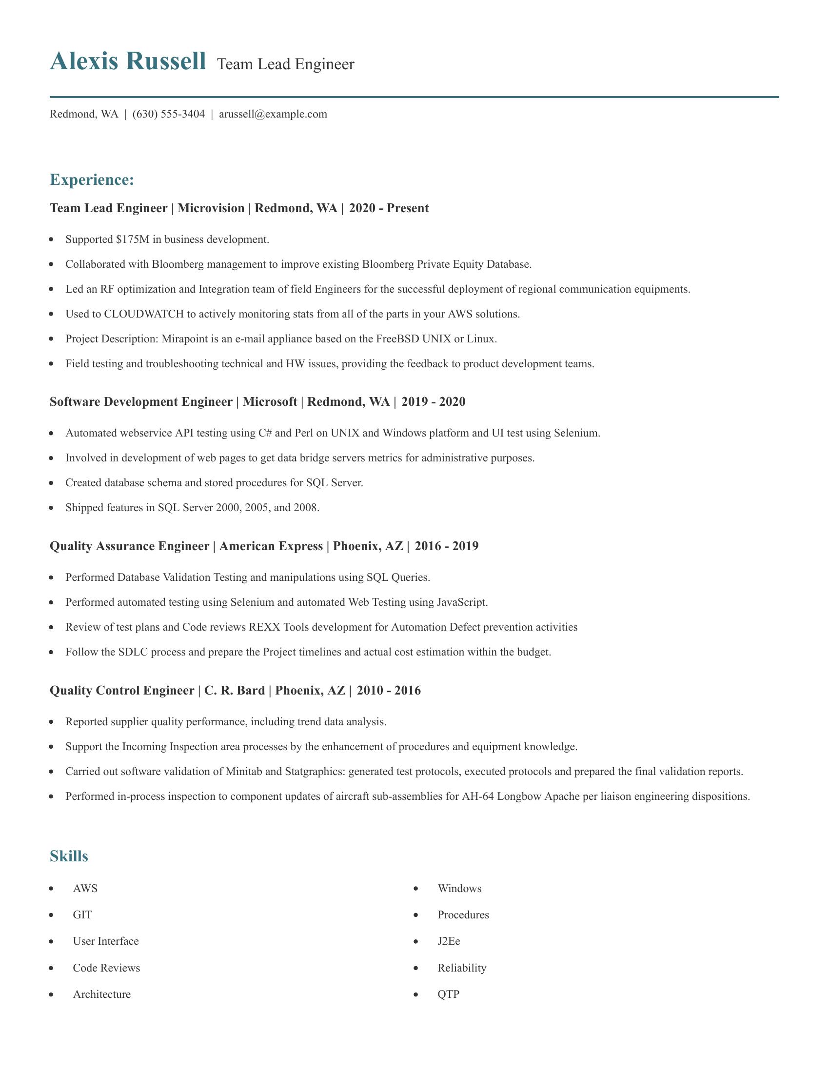 Team Lead Engineer resume example