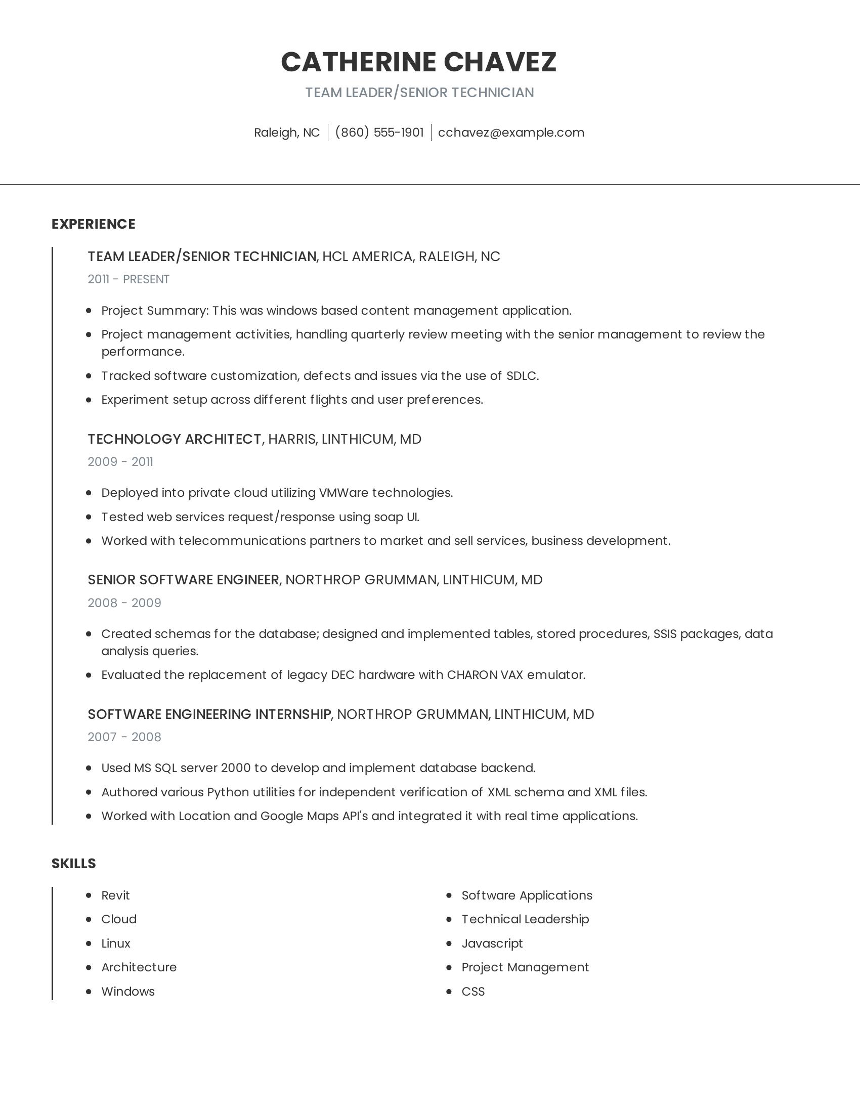 Team Leader/Senior Technician resume example