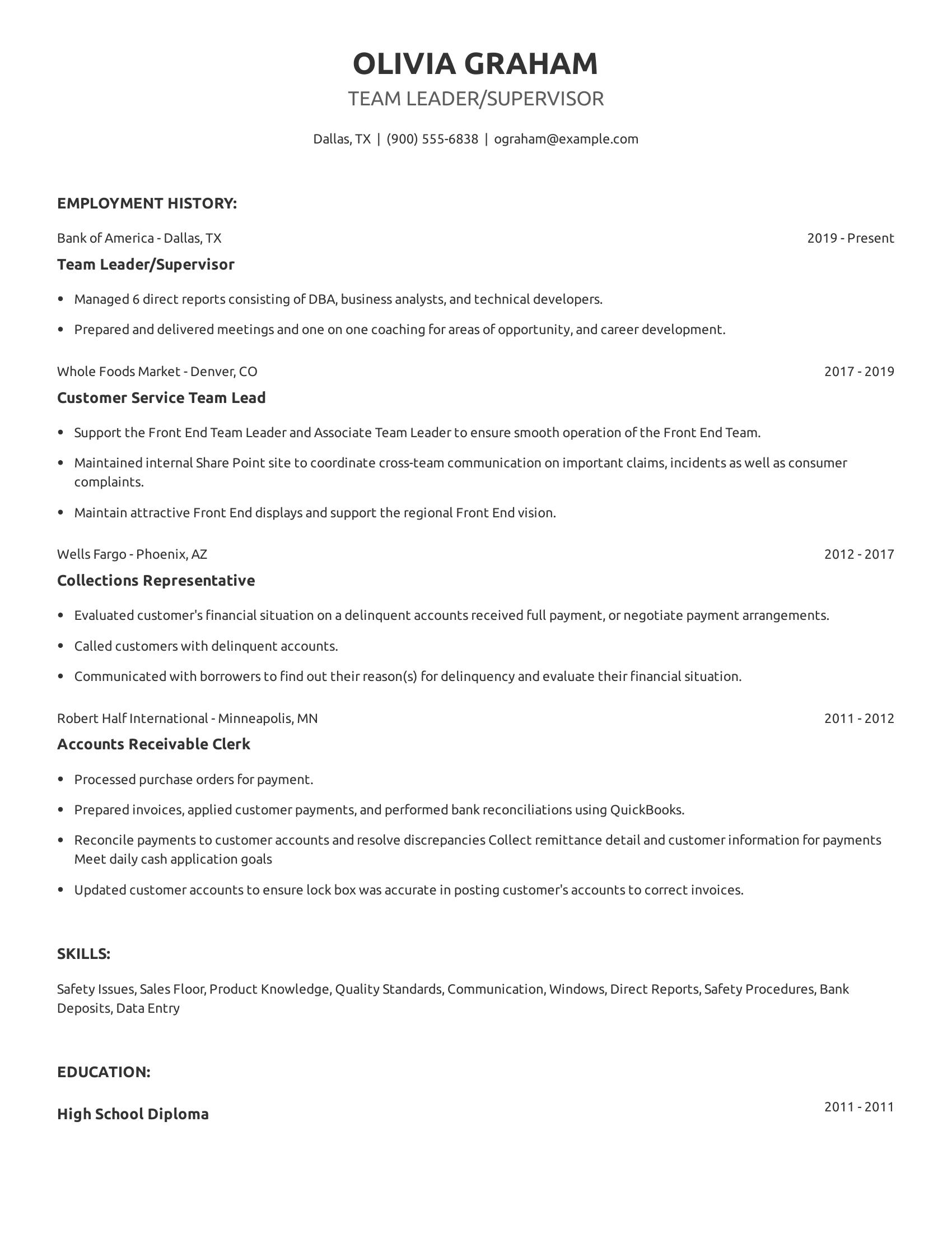 Team Leader/Supervisor resume example