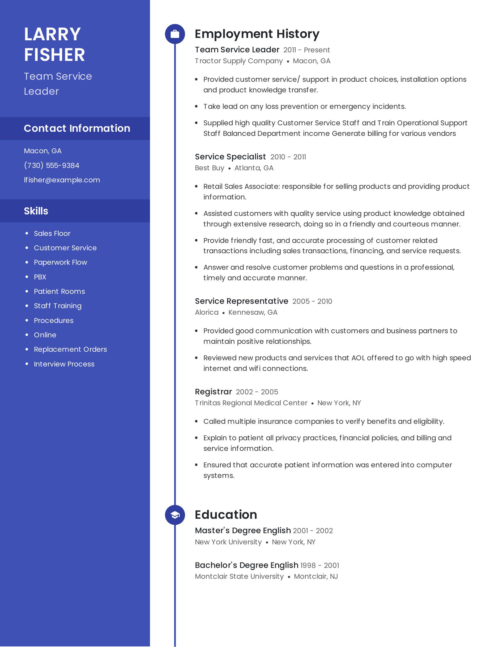 Team Service Leader resume example