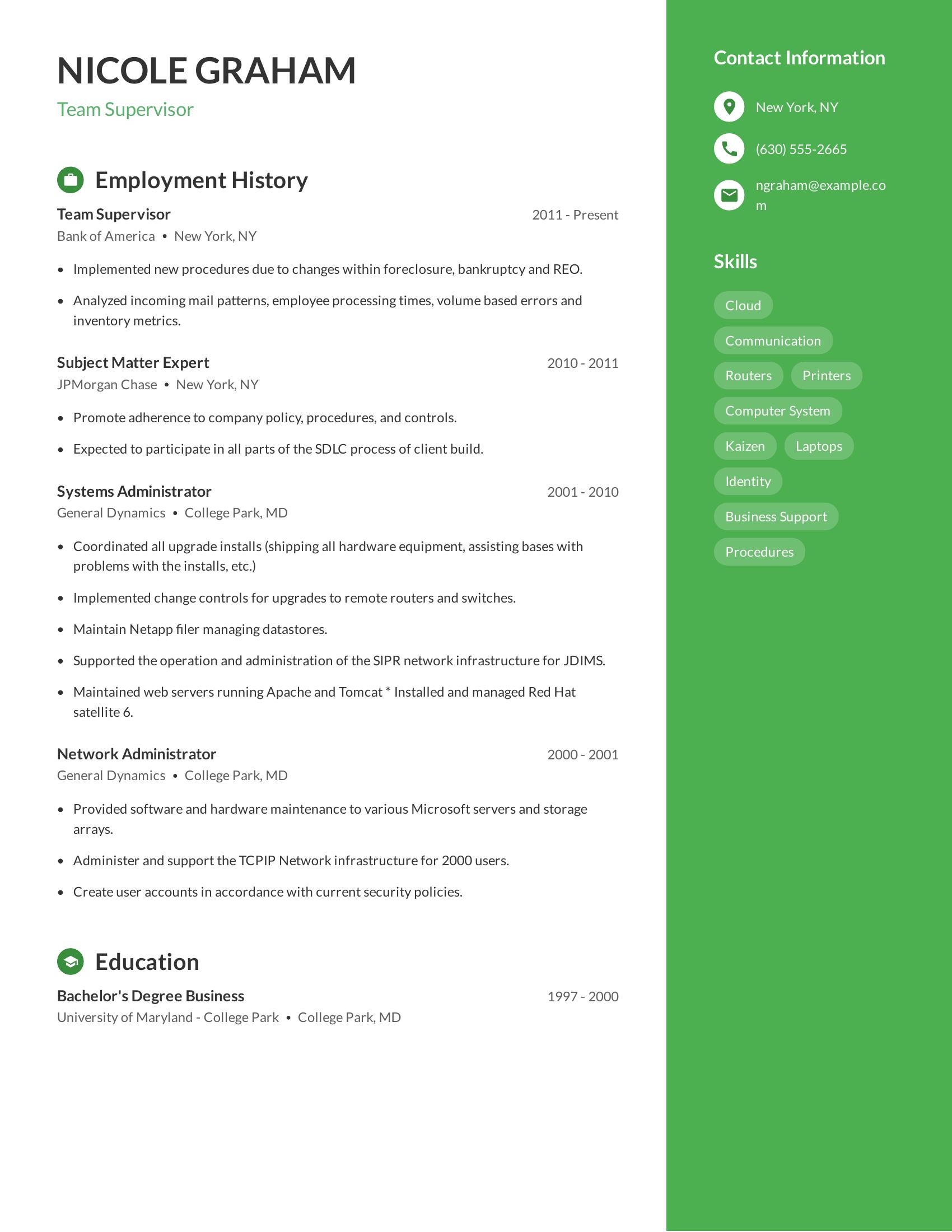 Team Supervisor resume example