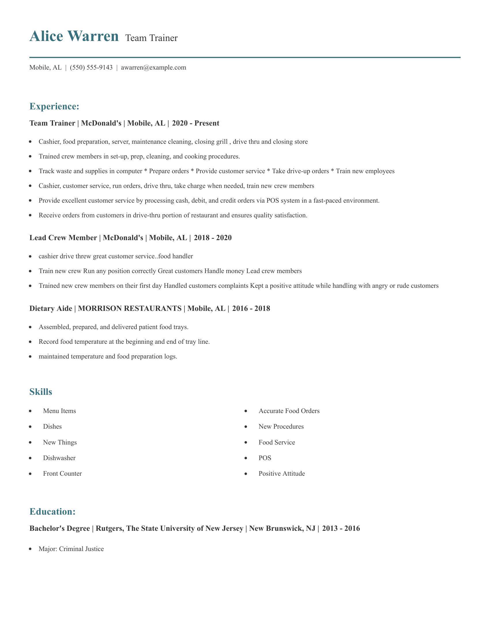 Team Trainer resume example