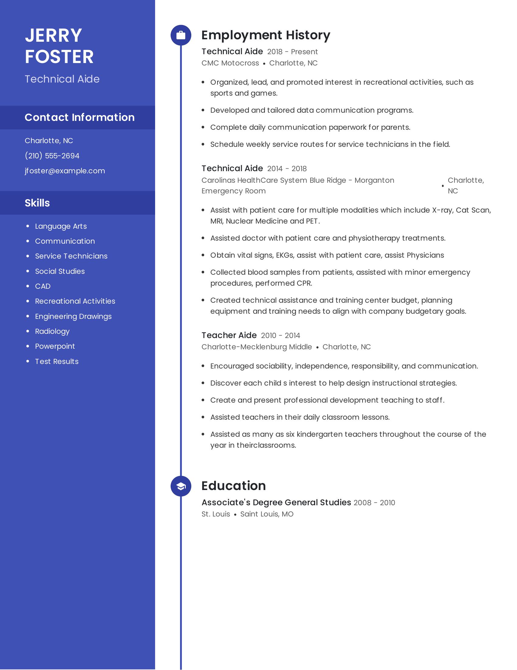 Technical Aide resume example