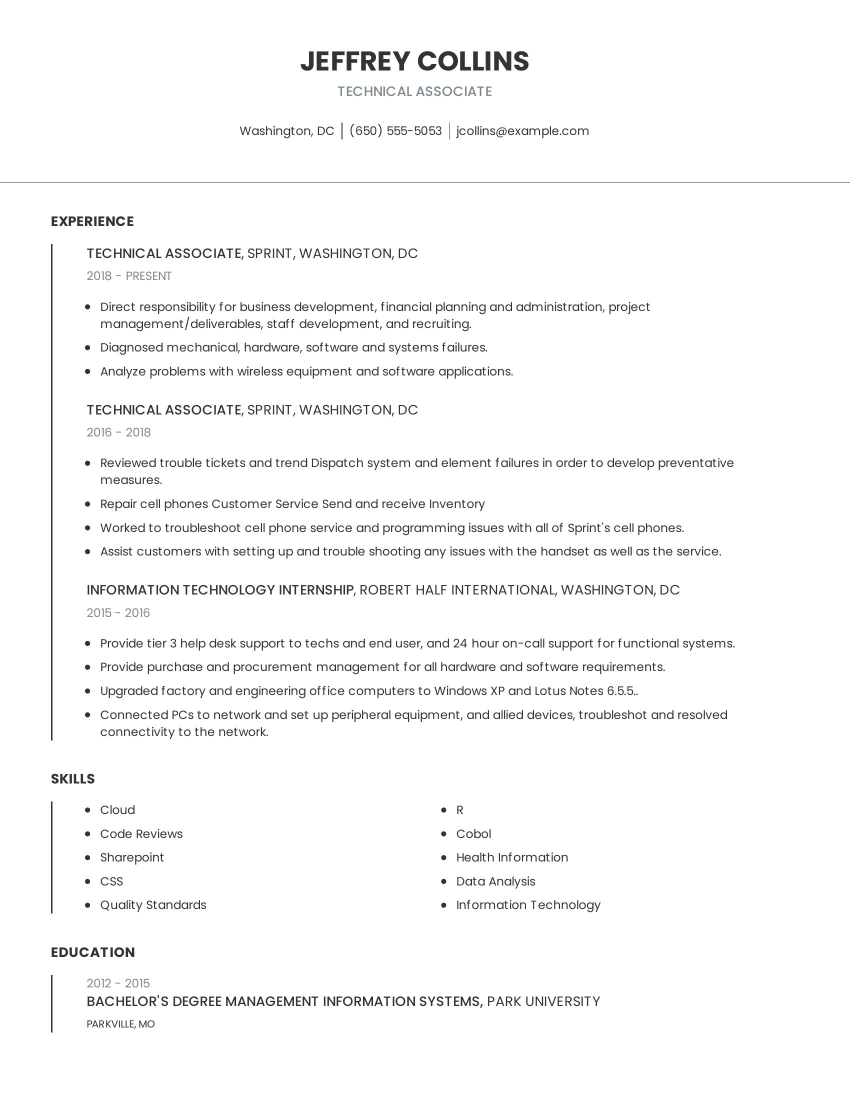 Technical Associate resume example