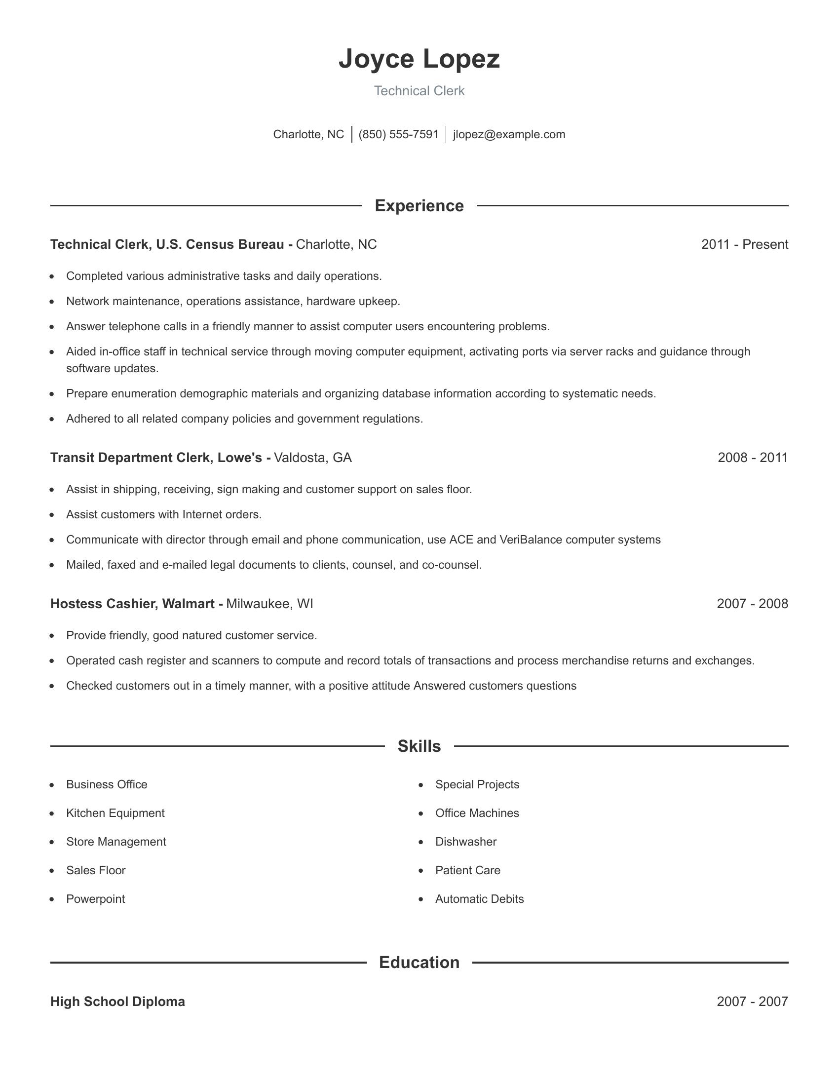 Technical Clerk resume example