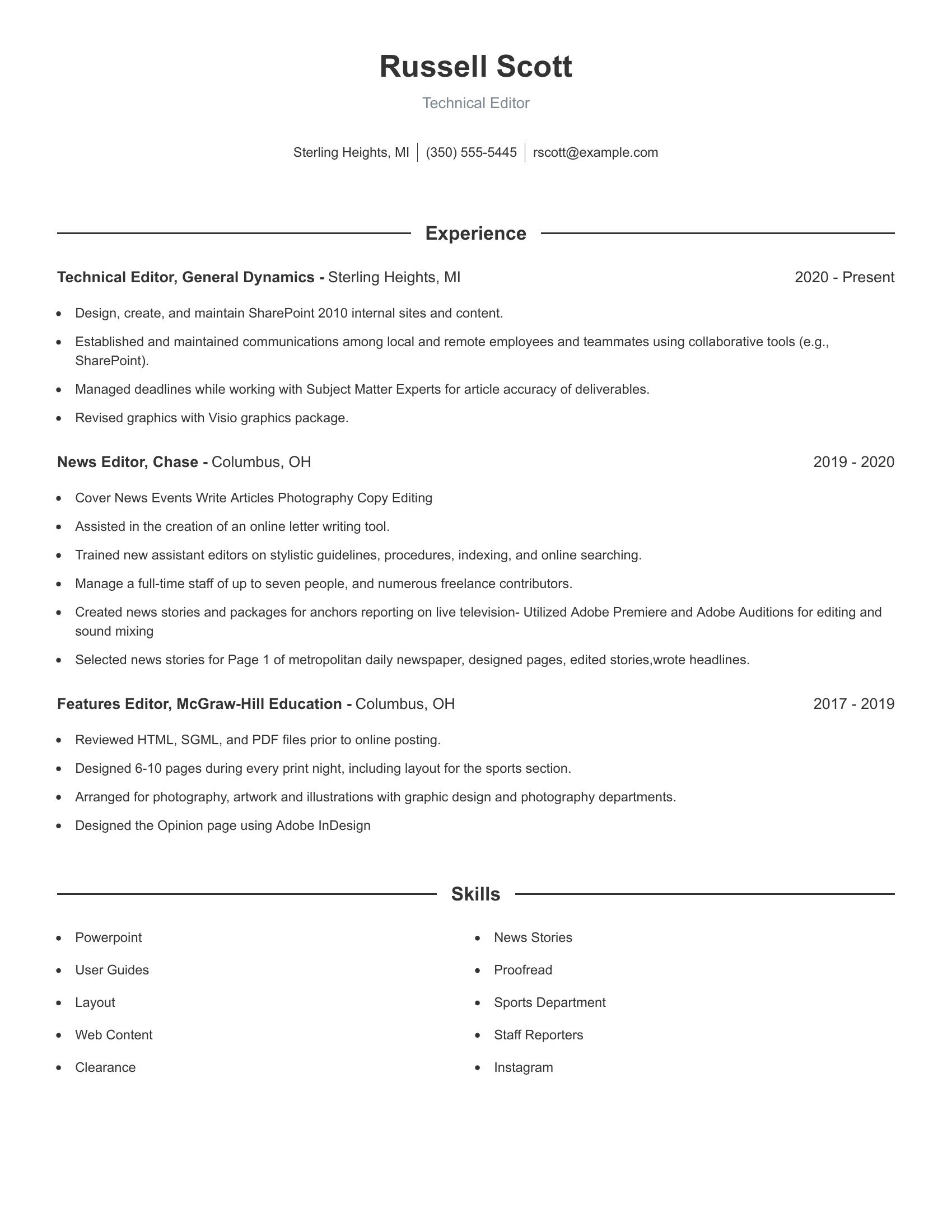 Technical Editor resume example