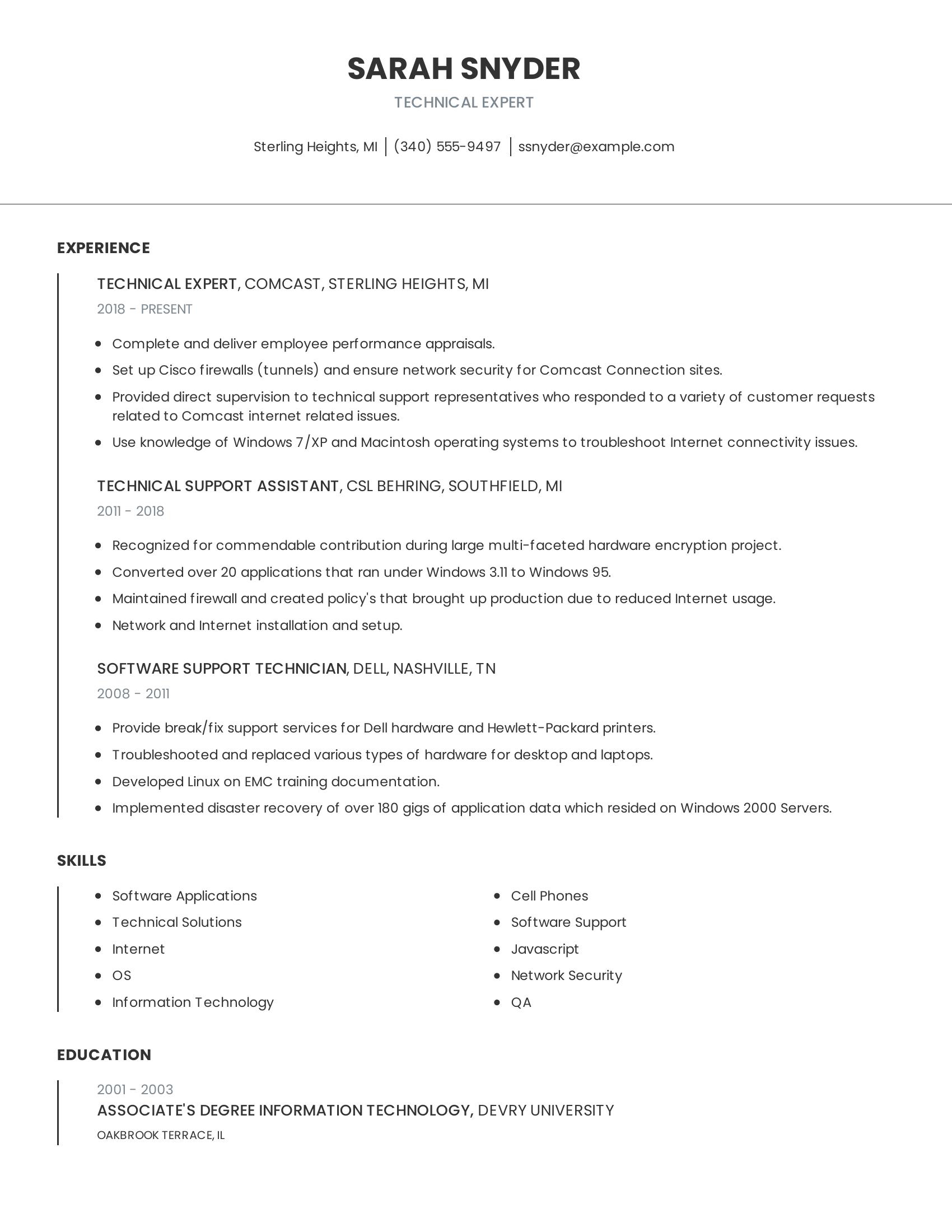 Technical Expert resume example