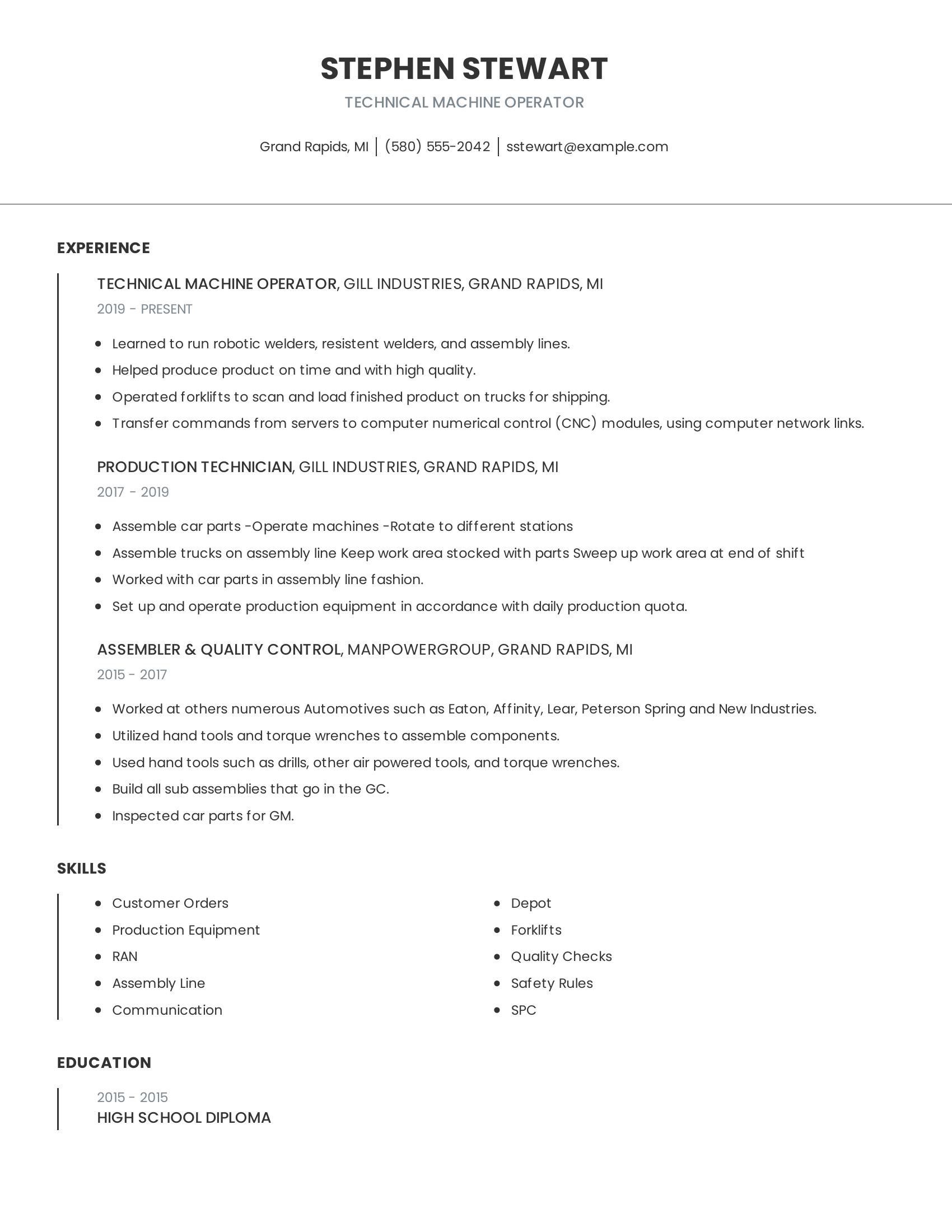 Technical Machine Operator resume example