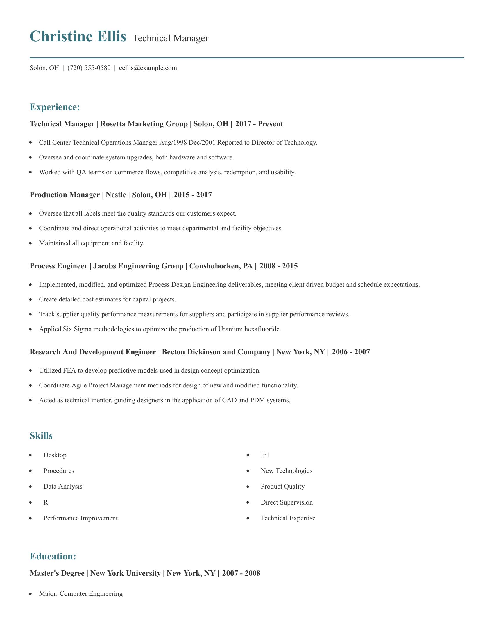 Technical Manager resume example