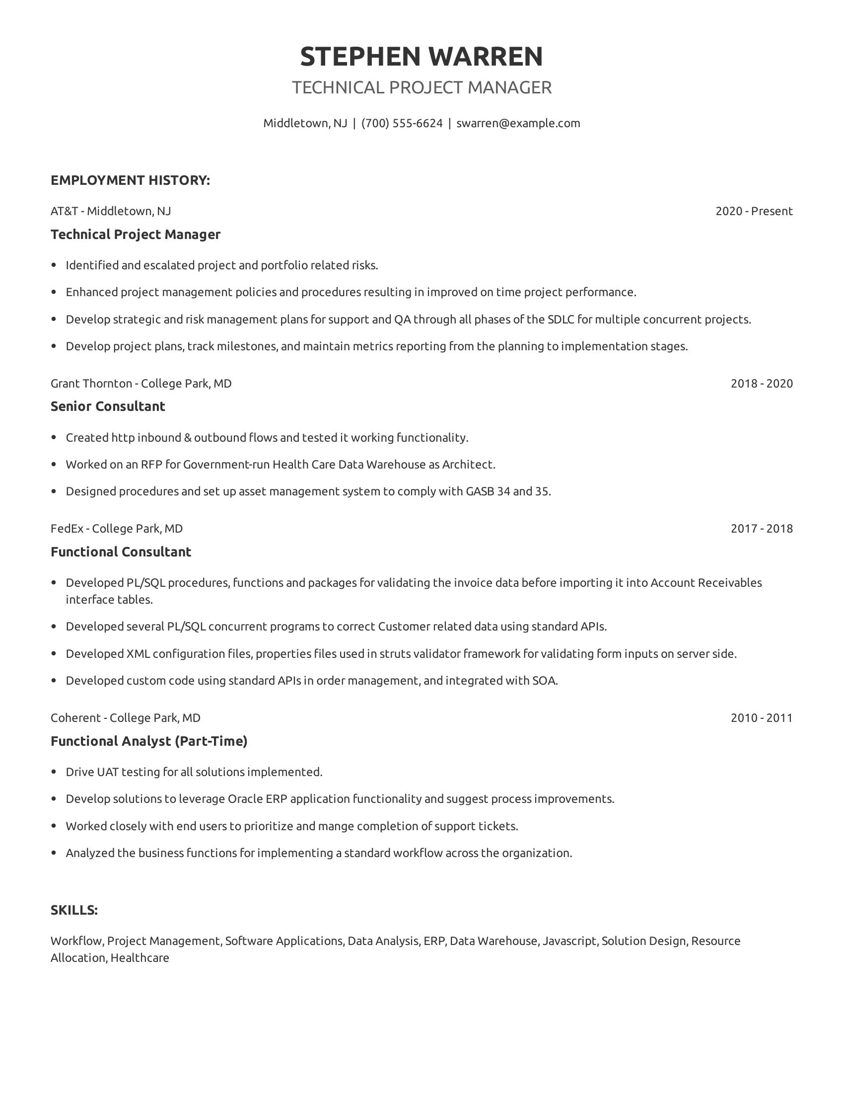 Technical Project Manager resume example