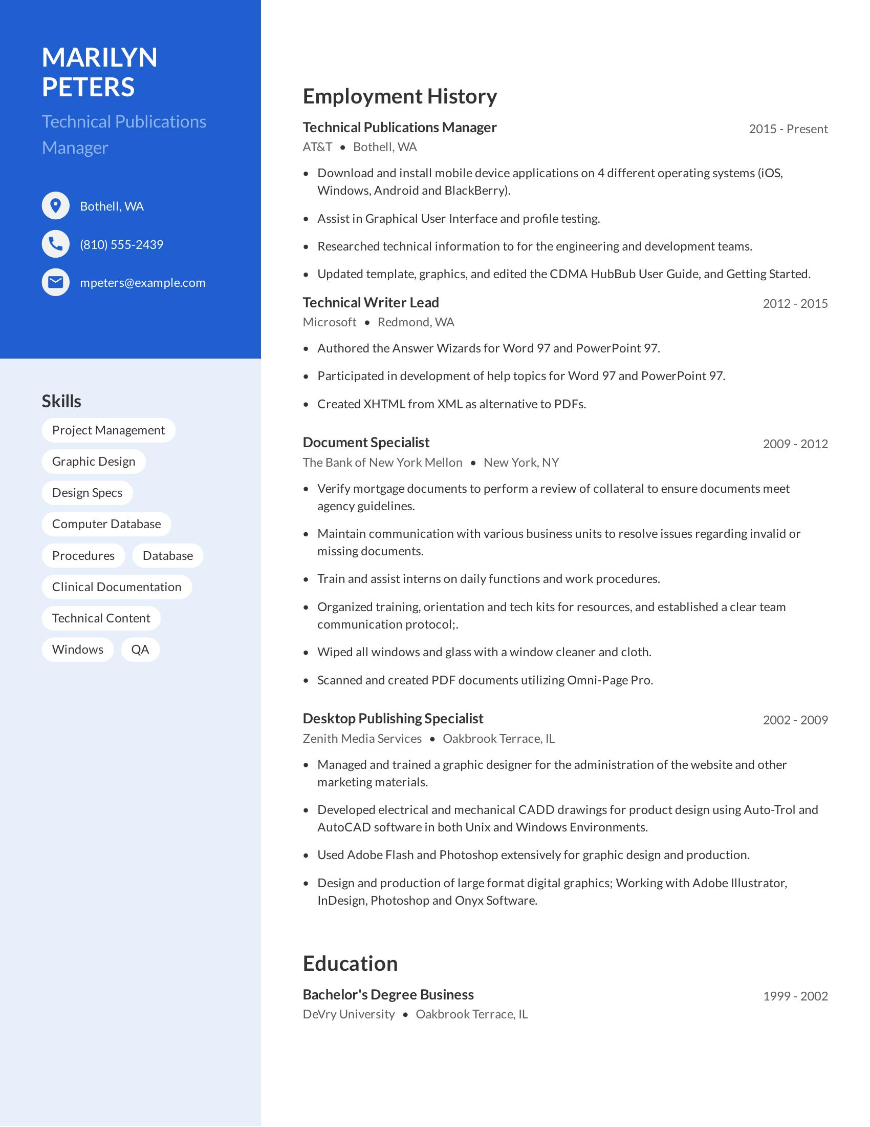 Technical Publications Manager resume example