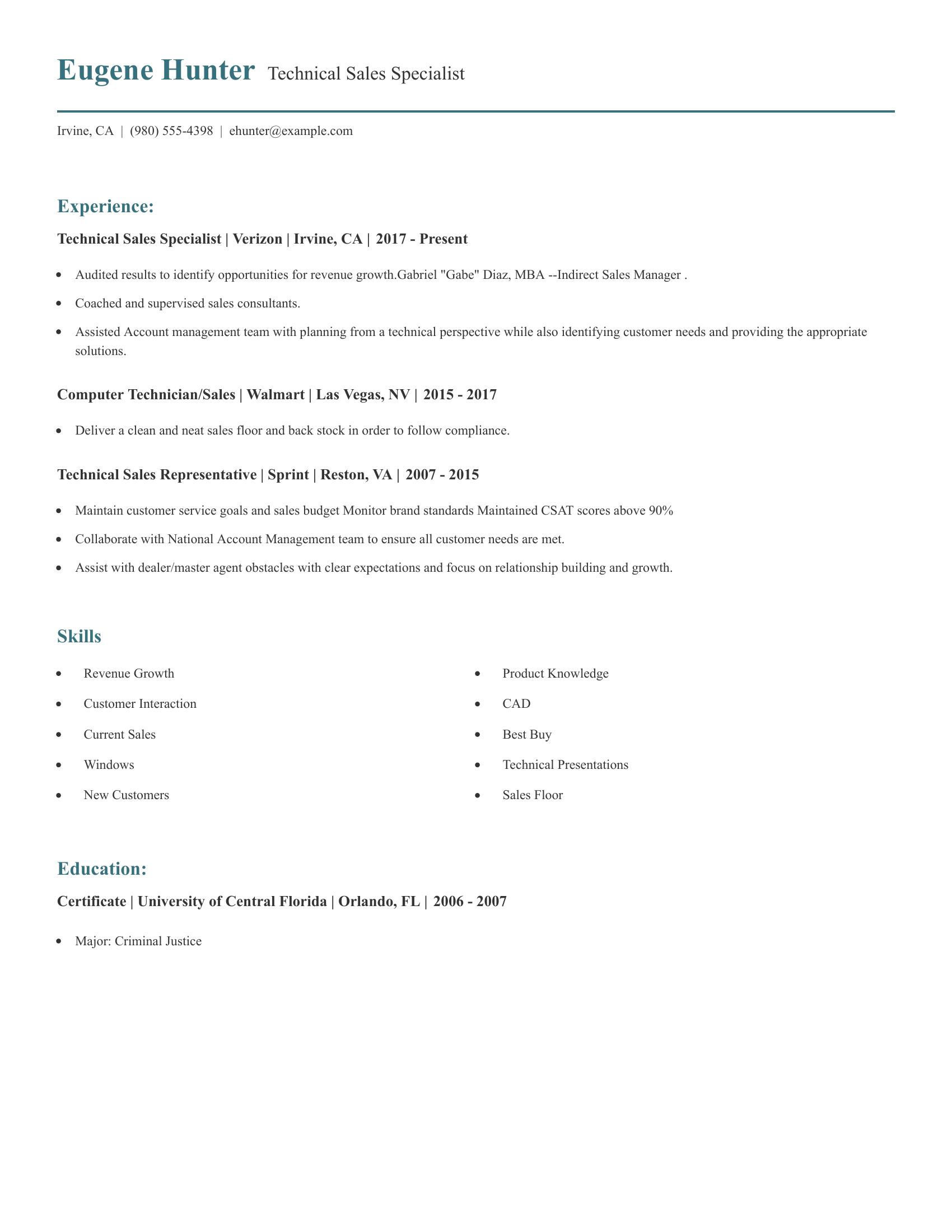 Technical Sales Specialist resume example