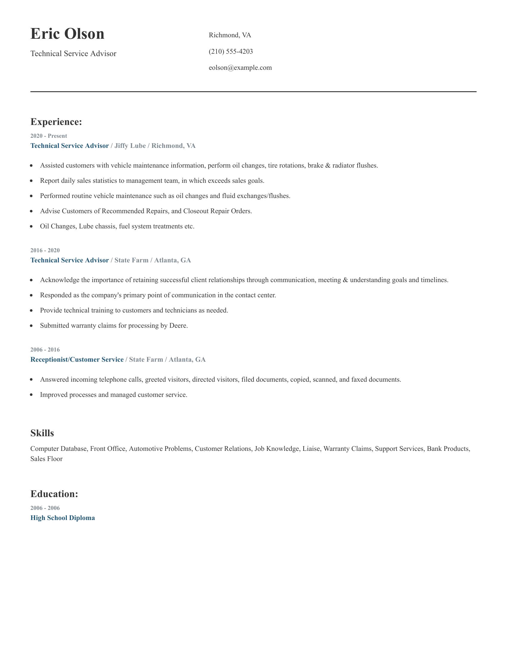 Technical Service Advisor resume example