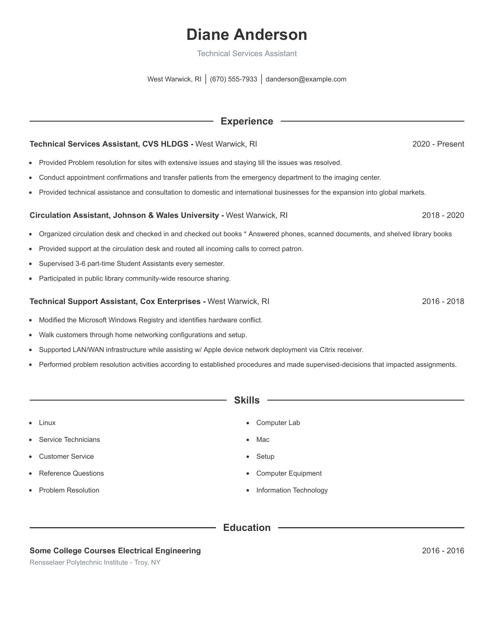 Technical Services Assistant resume example