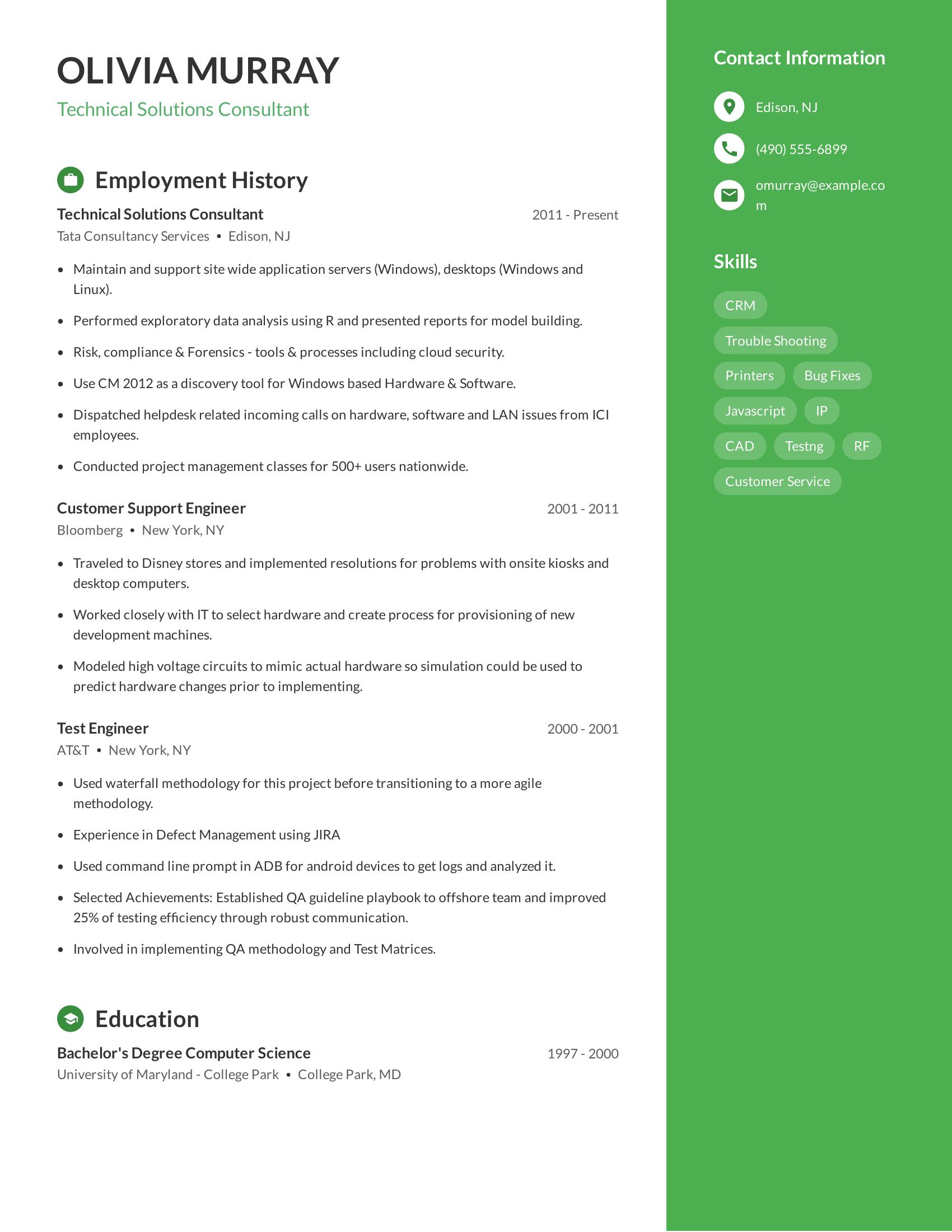 Technical Solutions Consultant resume example