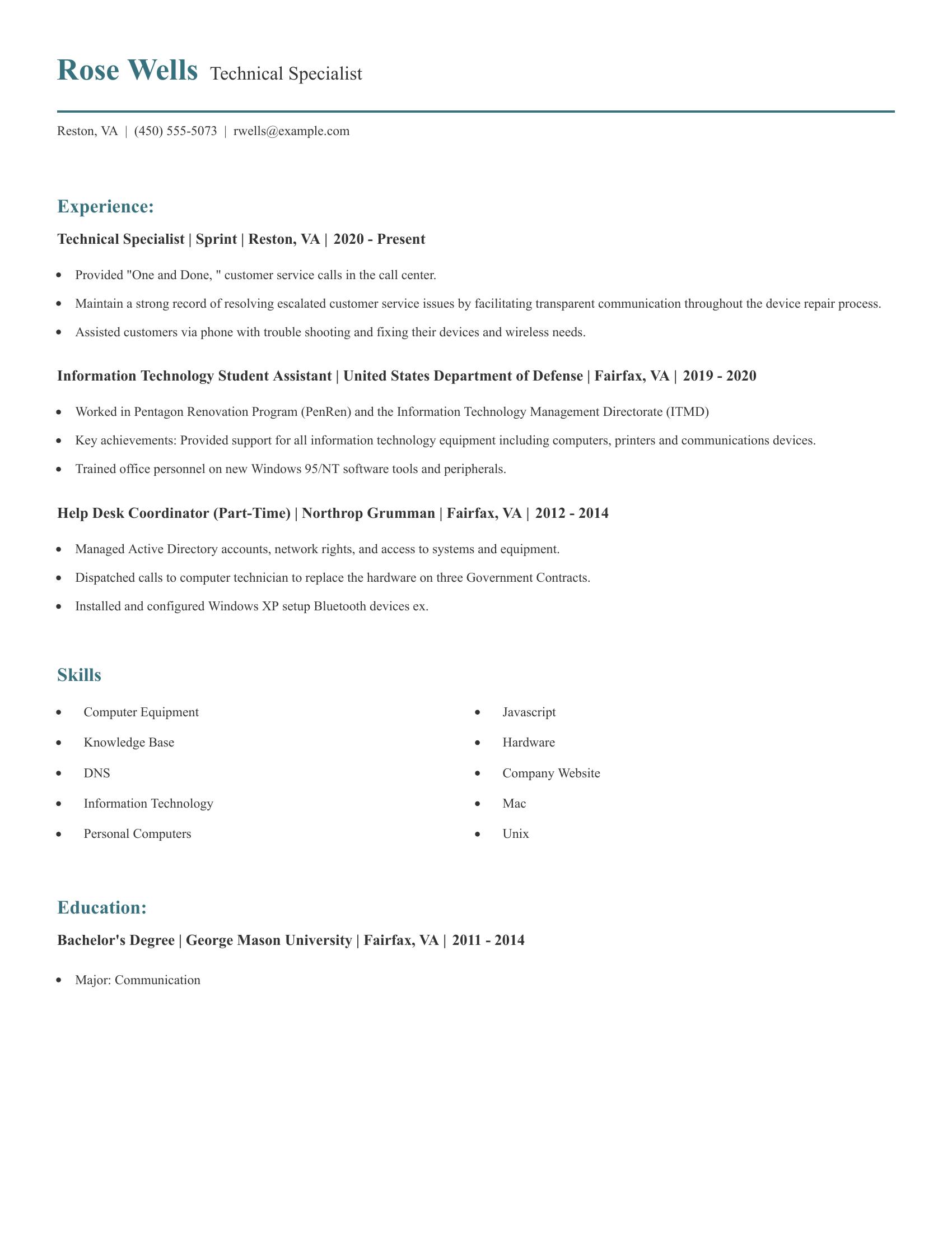 Technical Specialist resume example