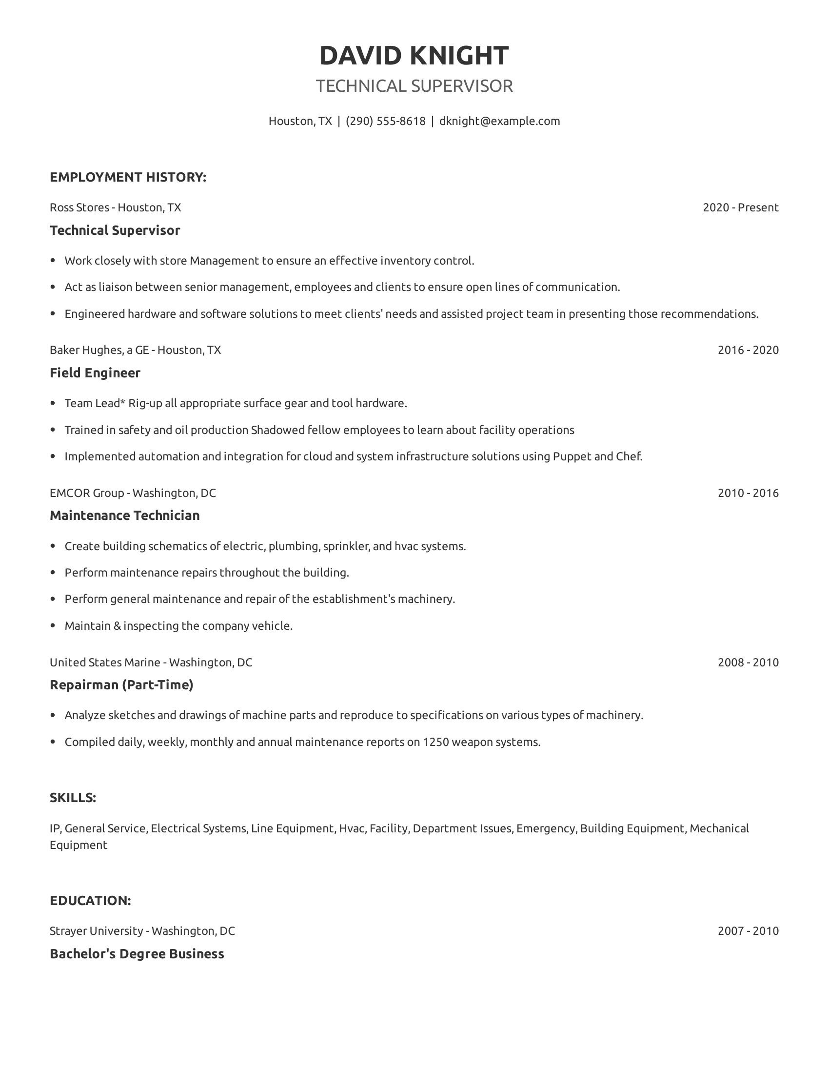 Technical Supervisor resume example