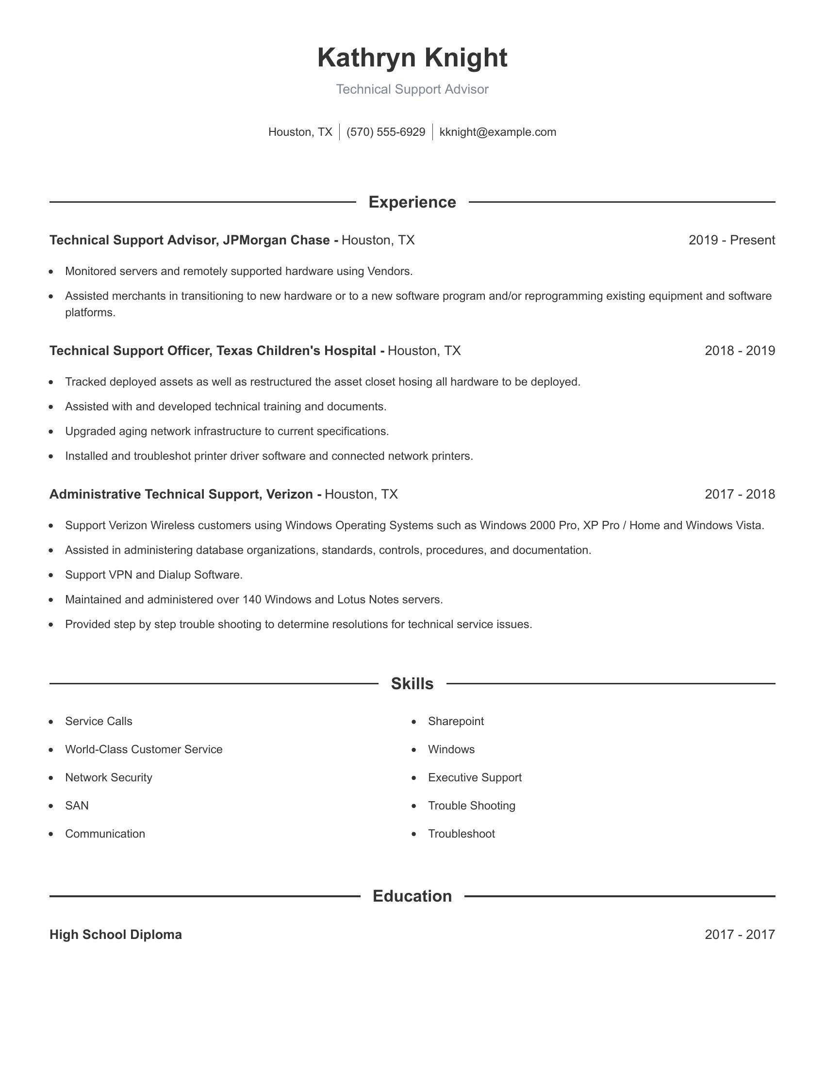 Technical Support Advisor resume example